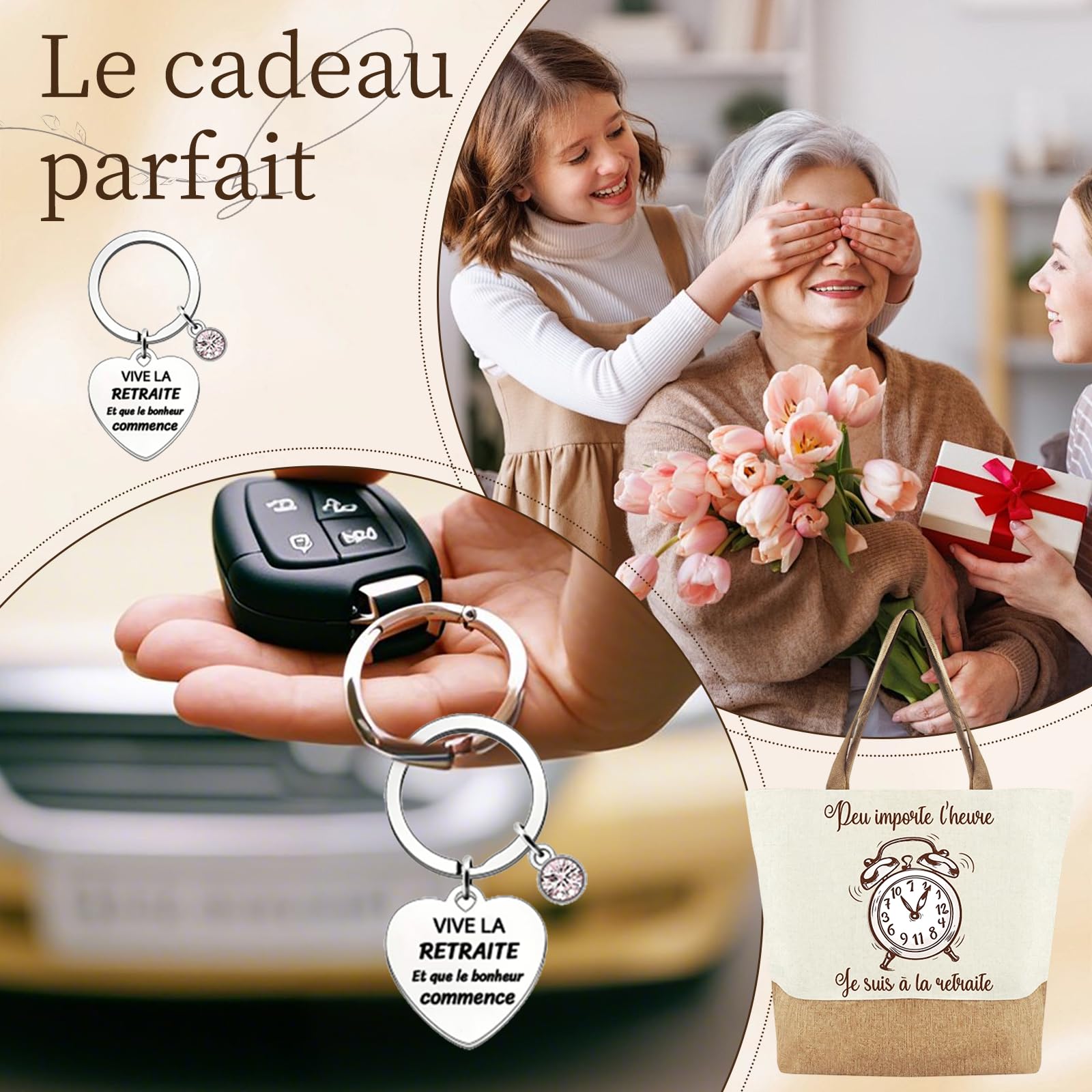 Sac Cabas Toile Robuste Porte-Clés Cadeau Retraite Femme