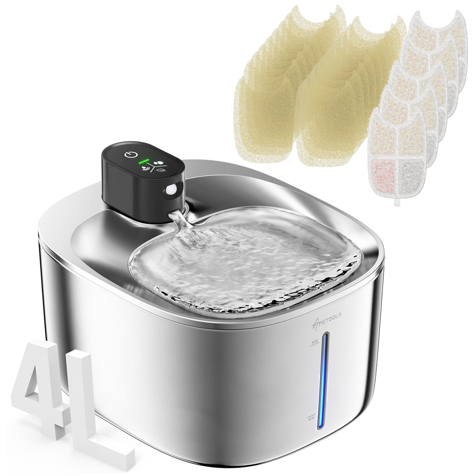 Fuente de agua para gatos de acero inoxidable, 4,5 L, inalámbrica, para mascotas, cuenco de agua automático para gatos y perros con sensor de movimiento, fuente de agua filtrada