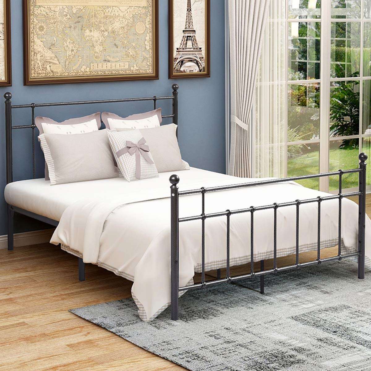 JURMERRY Full Size Metal Bed Frame with Steel Headboard and Footboard, Black