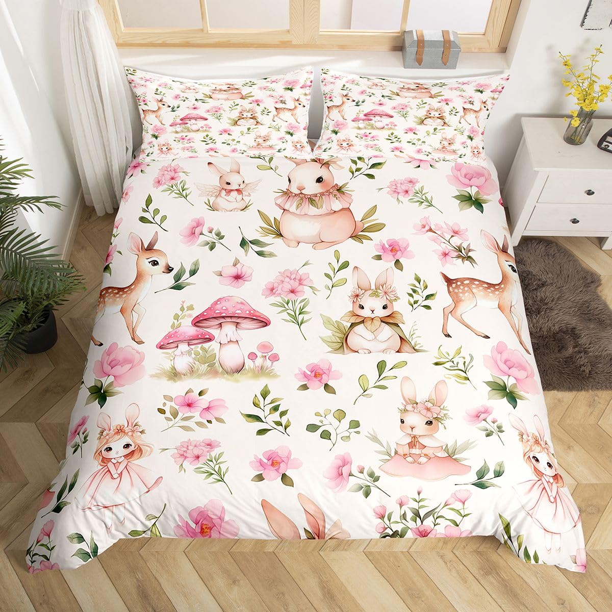 Cute Rabbit Duvet Cover Set King Size,Kawaii Mushroom Flowers Bedding Set 3pcs for Bedroom Decor,Girly Rustic Animals Kids Bedding,Beige Pink Quilt Cover with 2 Pillowcases,Not Comforter