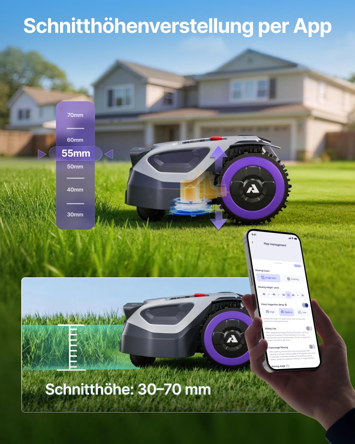 ANTHBOT M5 Mähroboter ohne Begrenzungskabel, Neuer Genie mit NRTK-Navigation & Dual-Vision, bis 500 m² (max. 700 m²), Schnitthöhe per App, KI-Hindernisvermeidung, Rasenroboter mit 45% Steigung