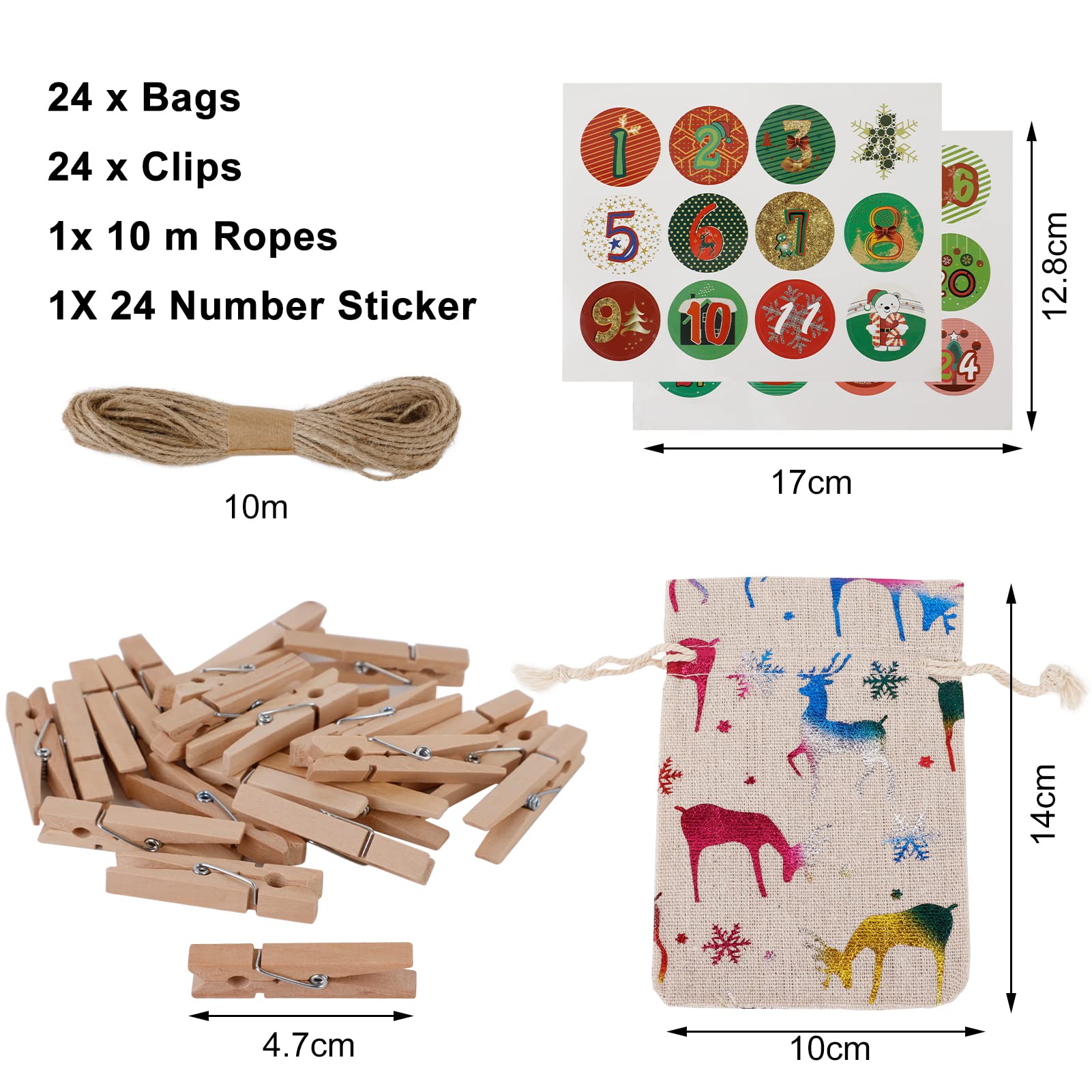 24er Adventskalender-Set, DIY-Glitzer-Weihnachtsdeko mit Süßigkeiten-Geschenktasche, Aufhängekalender und Geschenkbeutel für Xmas, 24 nummerierte Fächer für täglichen Countdown bis Heiligabend