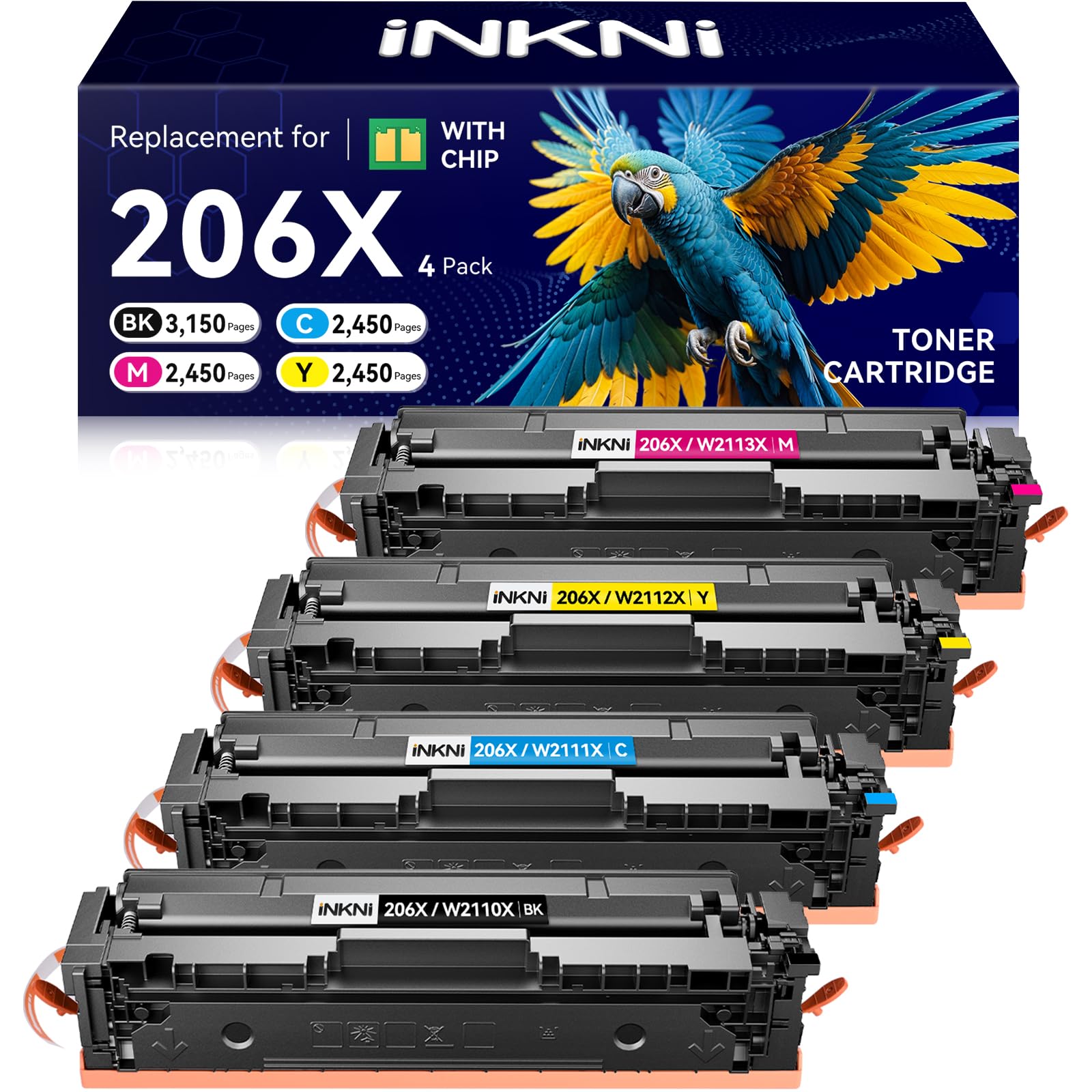 206X Toner Cartridges 4 Pack High Yield - with Chip Compatible Replacement for HP 206X 206A for Color Laserjet Pro MFP M283fdw M283cdw M283fdn M282nw Pro M255dw M255nw Ink Cartridges W2110X W2110A
