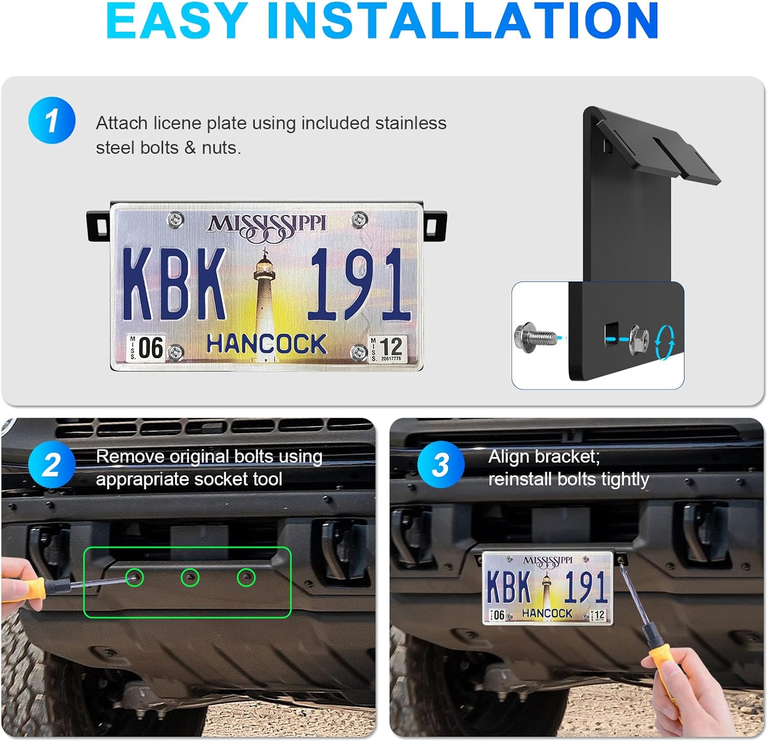 Front License Plate Bracket for Ford Bronco 2021-2026 Badlands/Wildtrak/Raptor/Everglades, No Drill Mount Heavy-Duty Modular Bumper Only, Fits 2-Door & 4-Door SUVs