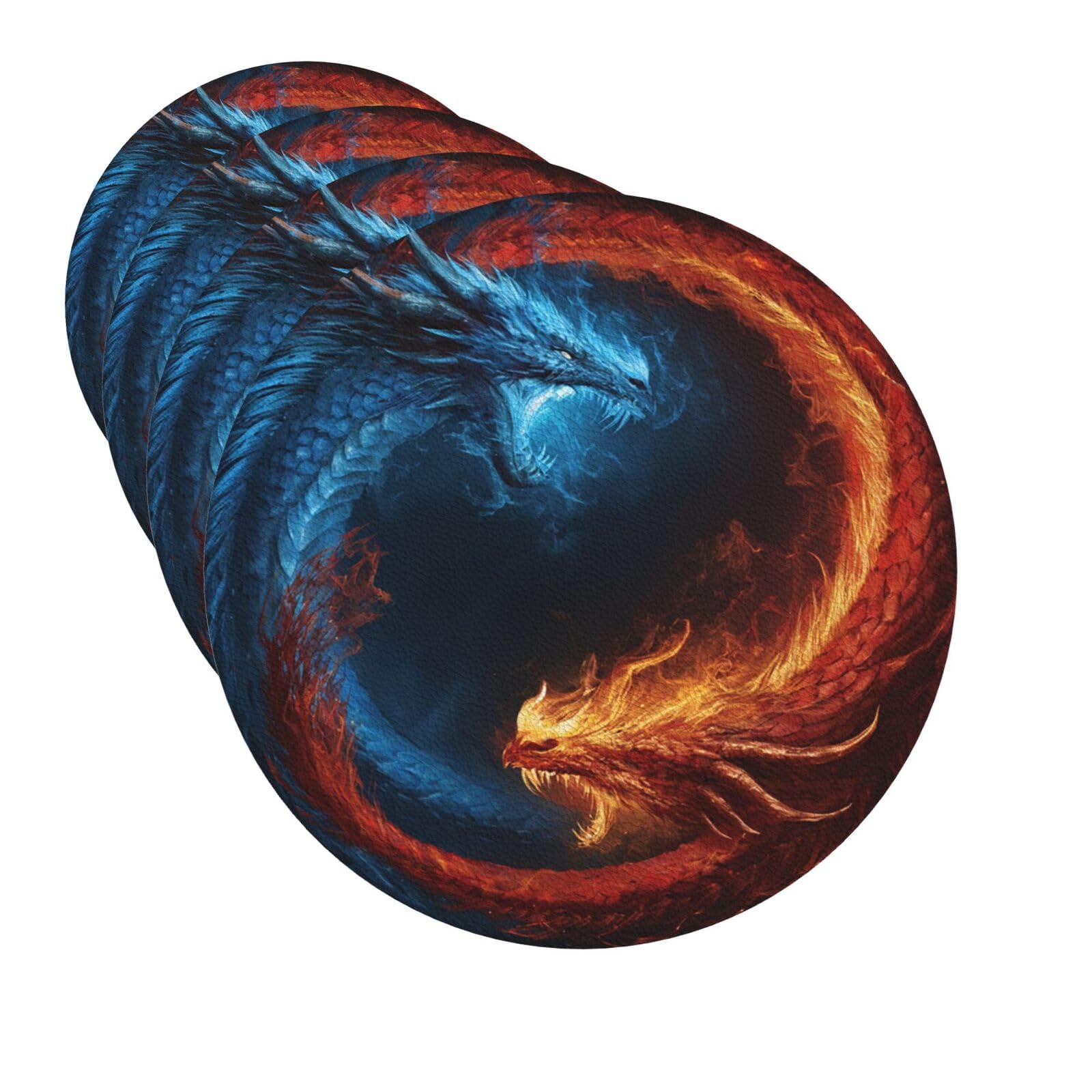 Drink Coasters Set of 4 Quick-Dry Leather Coaster Fire and ice dragons Coasters for Drinks Coffee Cup Mat Tabletop Protection Heat Resistant Coaster for Kitchen Bar Office Home Decor