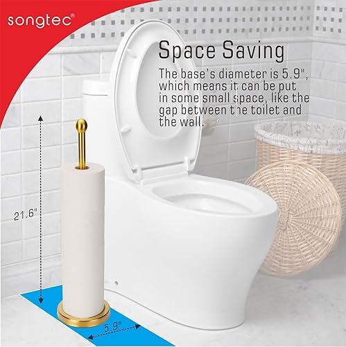 Miniatura 5 de Songtec Soporte de papel higiénico dorado con reserva, soporte de rollo Tisse de pie para 4 rollos, diseño compacto, almacenamiento de papel