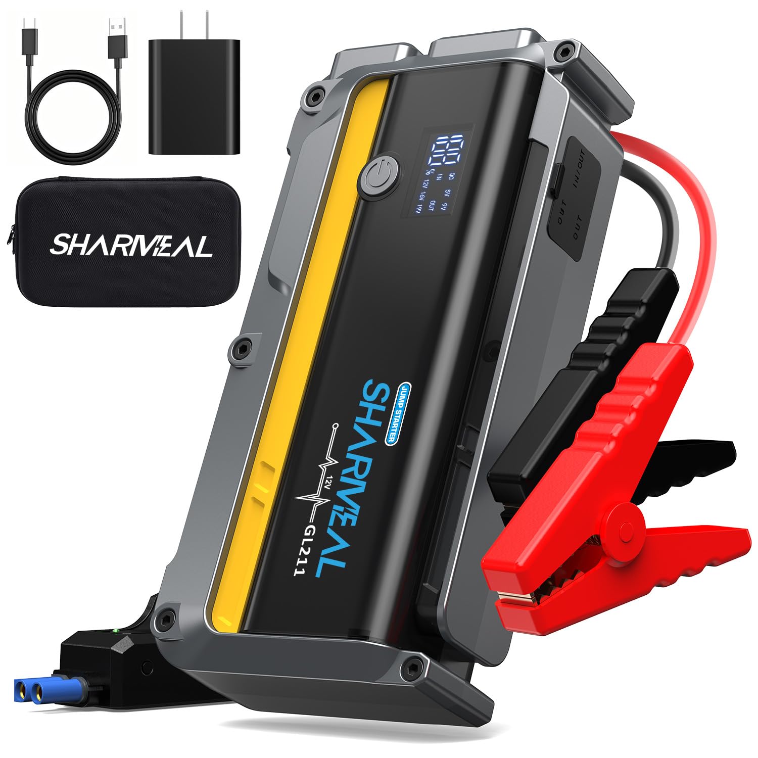 Sharmeal 7000A Car Battery Jump Starter, 12000mAh Car Jumper Starter Battery Pack for Up to All Gas & 12.0L Diesel Engines, 12V Jump Box with 3 Modes Flashlight and Jumper Cable(Yellow-7000A