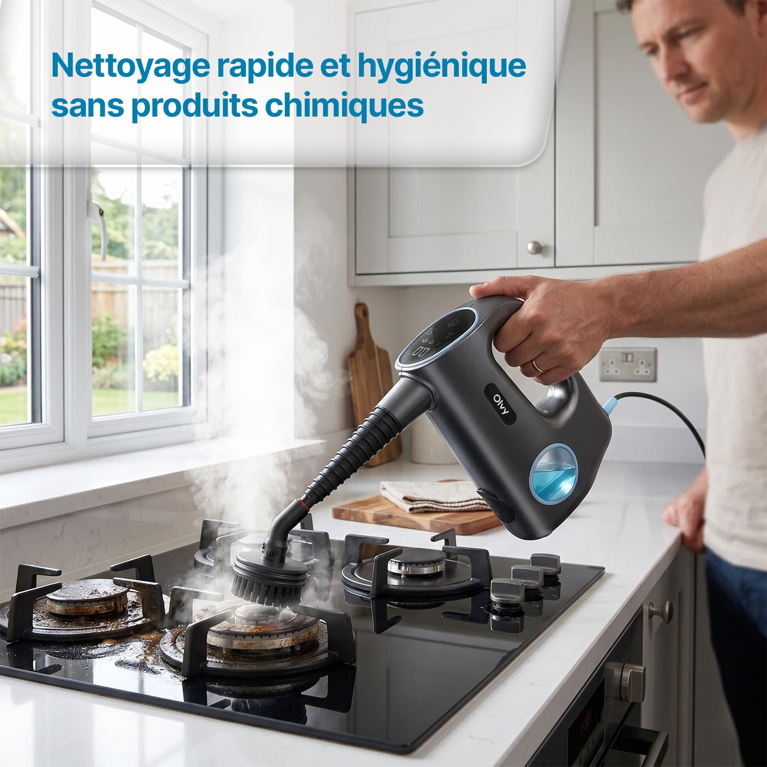 Olvy Nettoyeur Vapeur à Main 1200W Haute Pression Portable avec 3 Niveaux de Vapeur et Kit 10 Accessoires, Réservoir 400ml, pour Maison Carrelage Canapé Cuisine et Bain