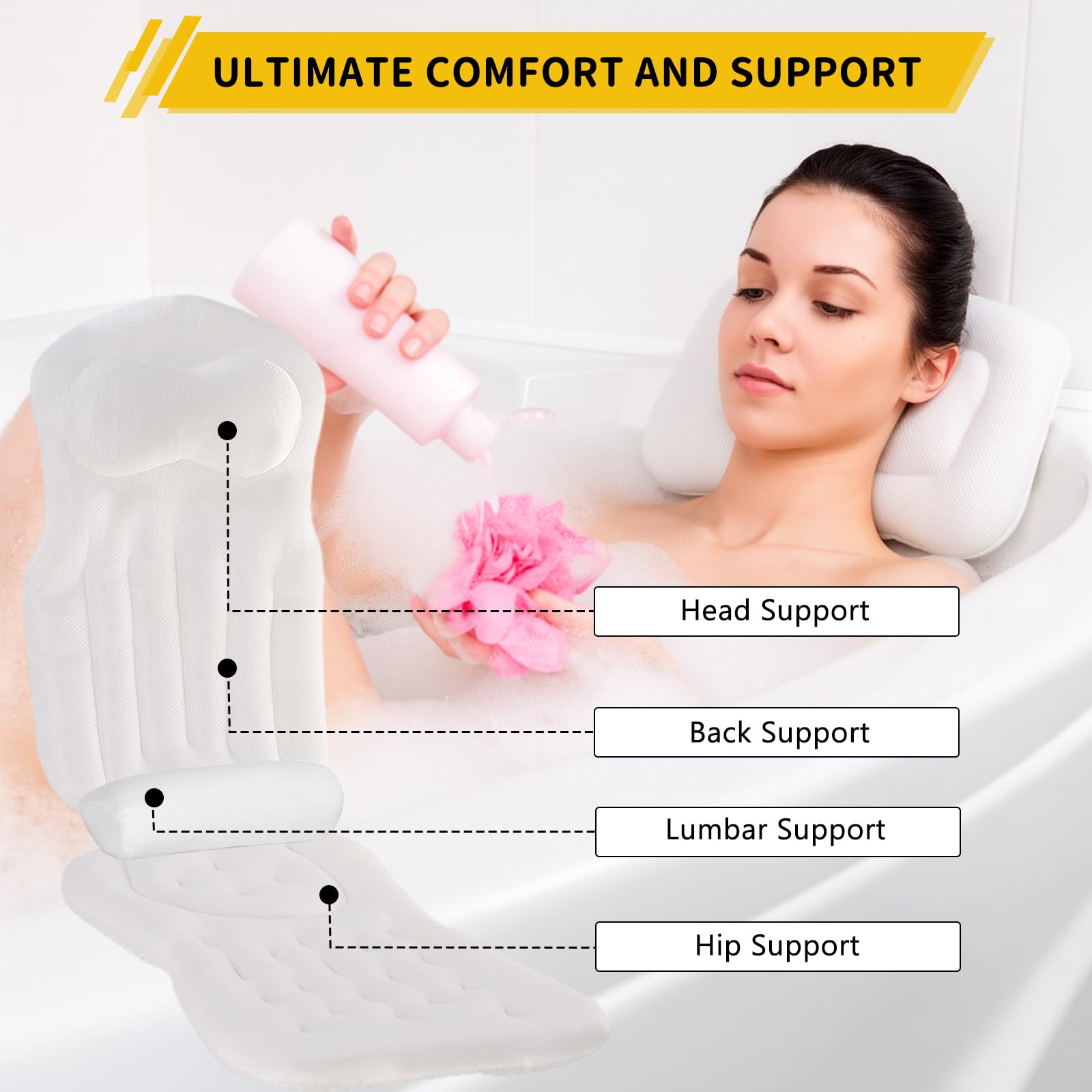 Ganzkörper Badewannenkissen für die Badewanne, Sprudelmatte Badewanne mit Kopfstütze und Lendenwirbelstütze, Badesofa Badewannenkissen mit SaugnäPfen und Hängehaken(Weiß)