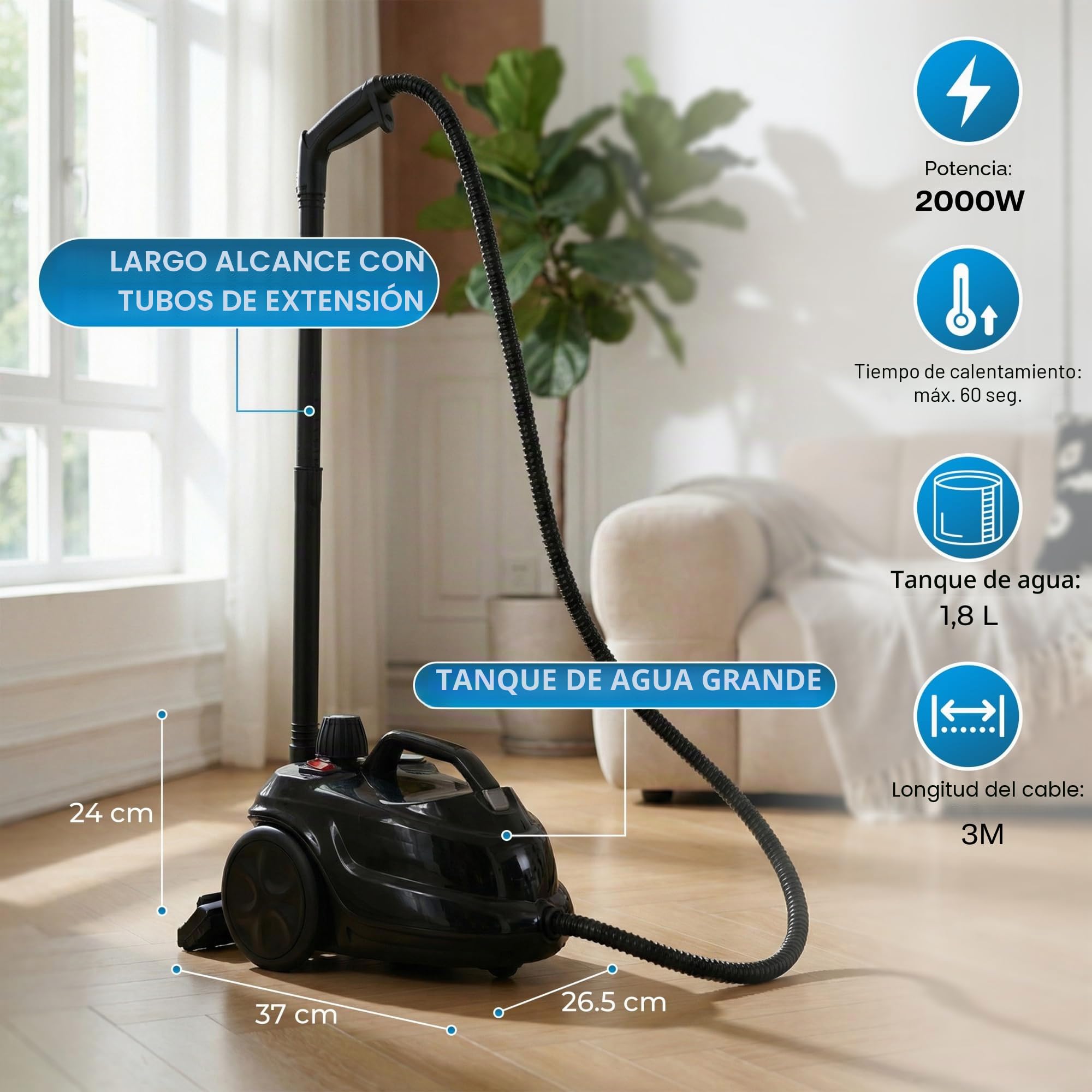 Powell Limpiador A Vapor De 2000 W - Mopa A Vapor Multisuperficie Para Alfombras, Suelos, Sofás Y Baños | Máquina Quitamanchas Con Accesorios Para Ventanas Y Azulejos - Negro