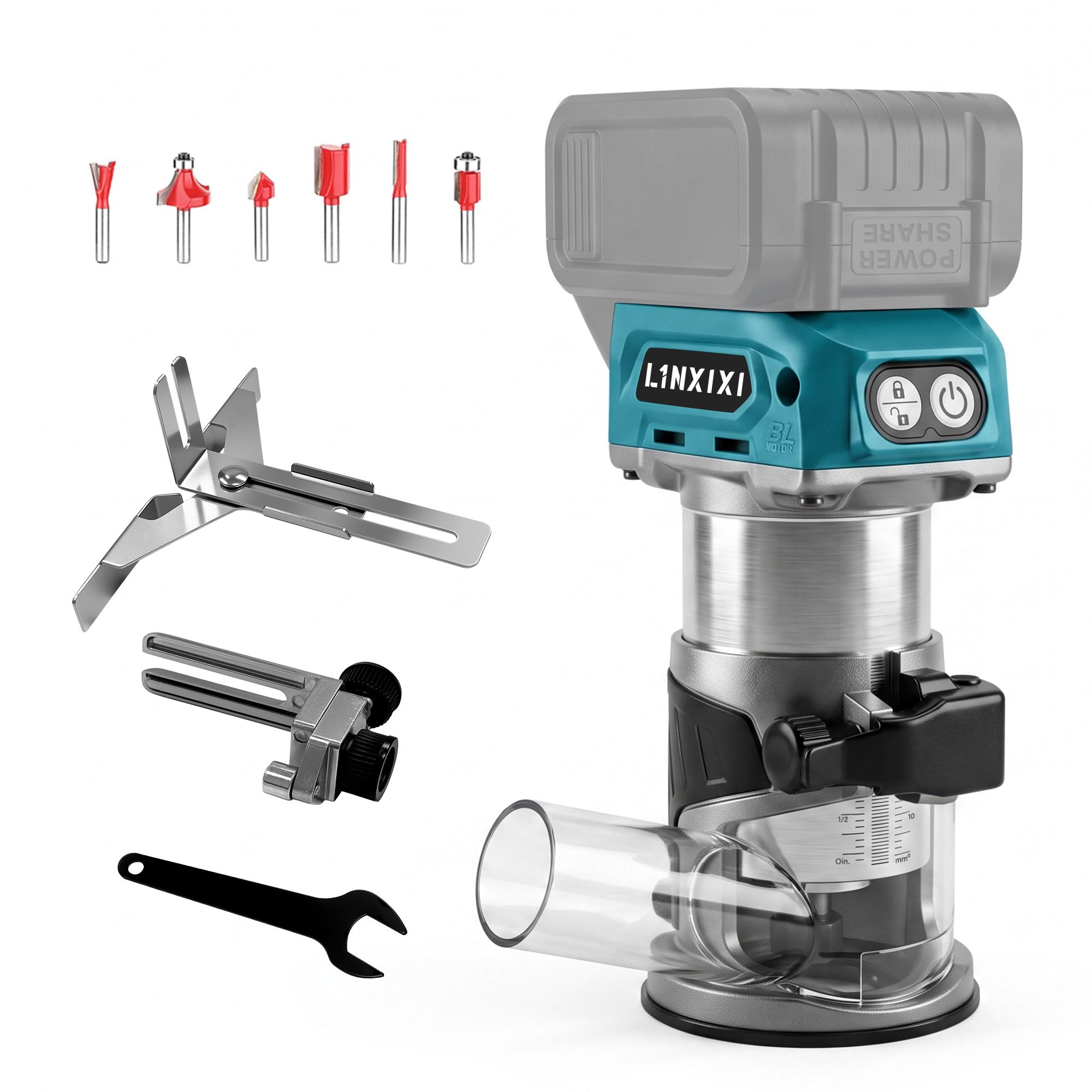 Akku Oberfräse für Makita 18V LXT Akku, 800W Bürstenloser Oberfräse mit 5 Geschwindigkeiten, MAX.30000 U/min, Akku Kantenfräse Einhandfräse mit 1/4" Fräser (ohne Akku)