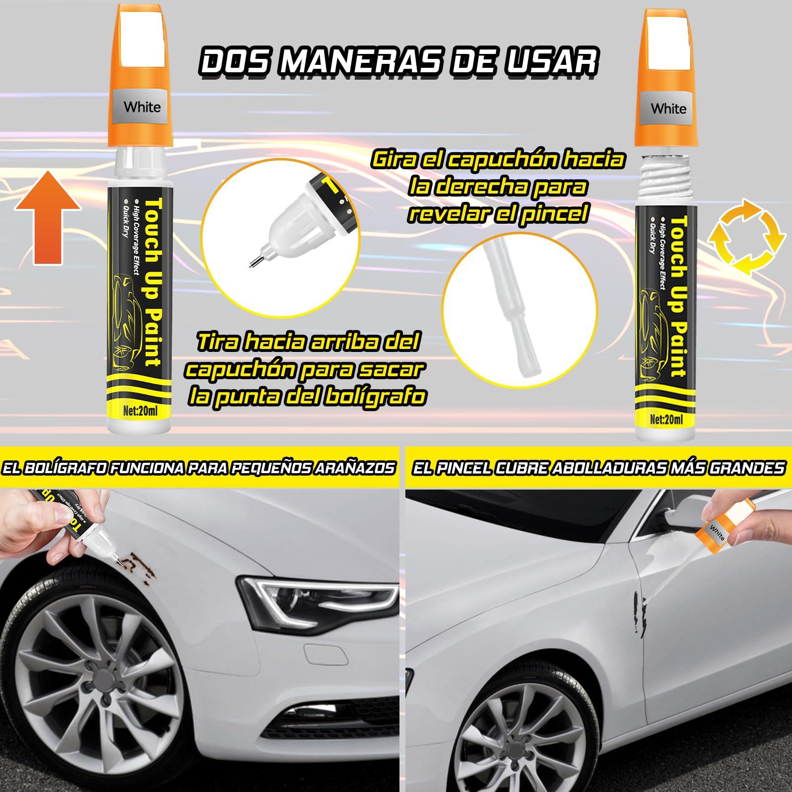 prowithlin Reparador de Reparador Arañazos Coche, Reparador de Arañazos Coche, Bolígrafo de Pintura para Coche Dos en Uno, Rápida Reparación de Arañazos en Coches (Blanco, 2x20ml) — view 2