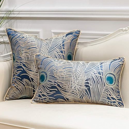 Miniatura 5 de Avigers Fundas de cojín de 18 x 18 pulgadas, color azul claro, con plumas de pavo real, fundas de cojín decorativas para el hogar, para sofá, sala