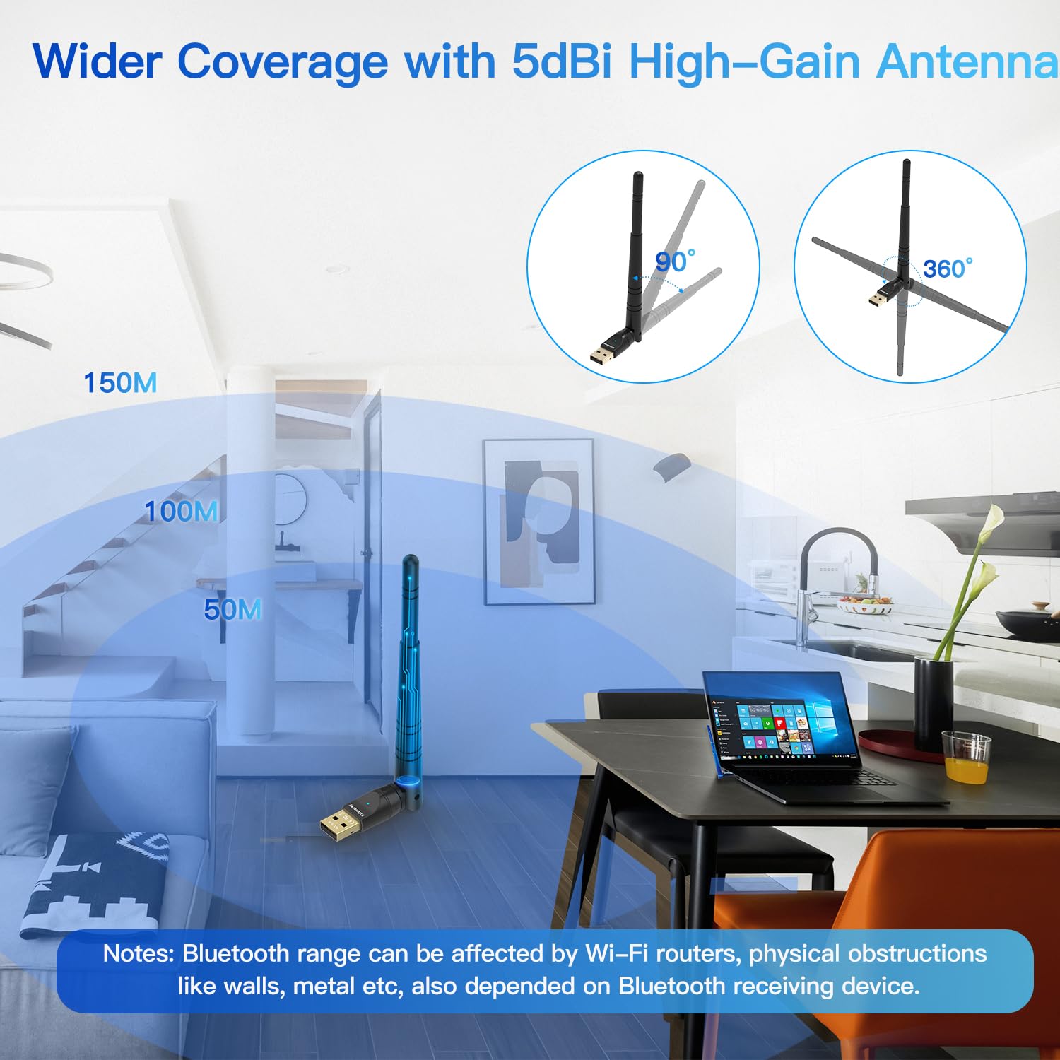 Adaptador Bluetooth 5.4 de largo alcance actualizado para PC, 5dBi de alta ganancia USB inalámbrico para Windows 11/10/8.1/7 computadora portátil Linux, enchufe y par teclado, ratones