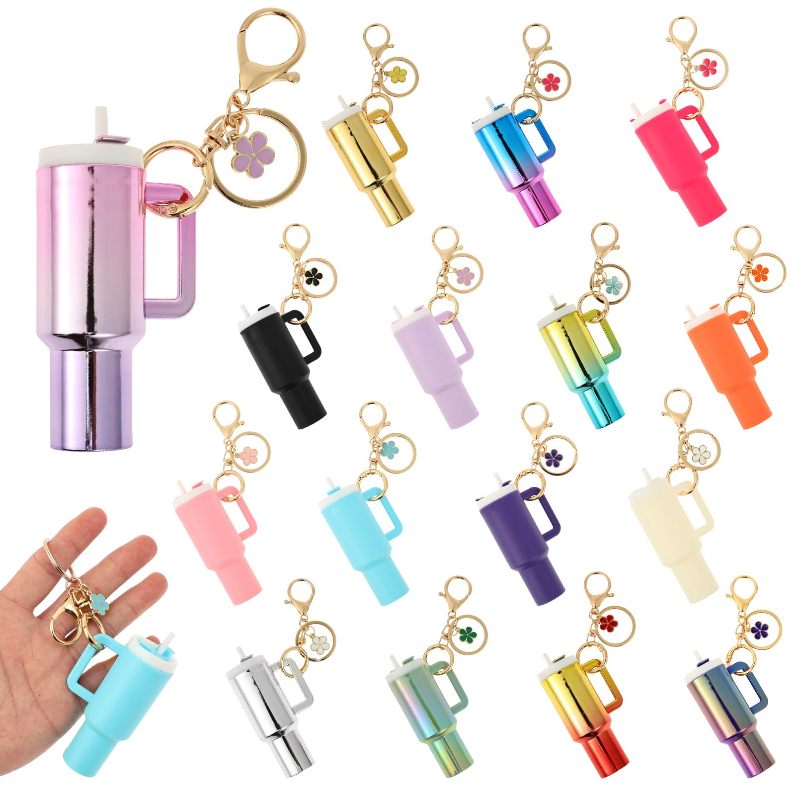 YUEKUNTJ 16Pack Cute Mini Cup Keychain, Colorful Tumbler Lip Balm Holder, Keychain Bulk Assorted Color, Cup Keychains Charms Lip Balm Holder, Keying Cups Charm Purse, with Lid for Women