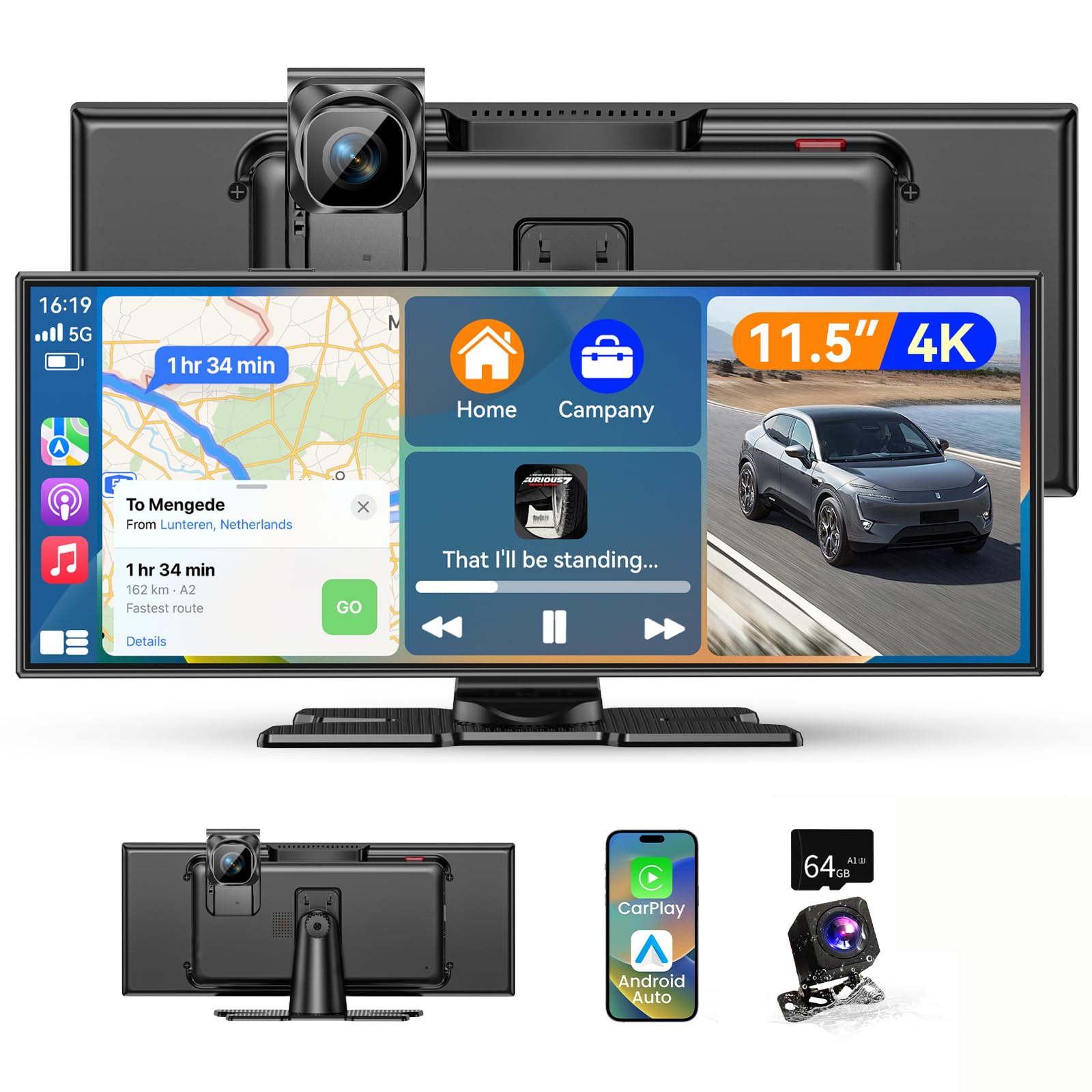 11.5 Zoll Carplay Display Android Auto Display,Car Play IPS Touch Screen Kabelloses Carplay Android Auto Bildschirm mit AUX/FM,4K DashCam,1080P Rückfahrkamera,Mirror Link,Bluetooth für alle Fahrzeuge