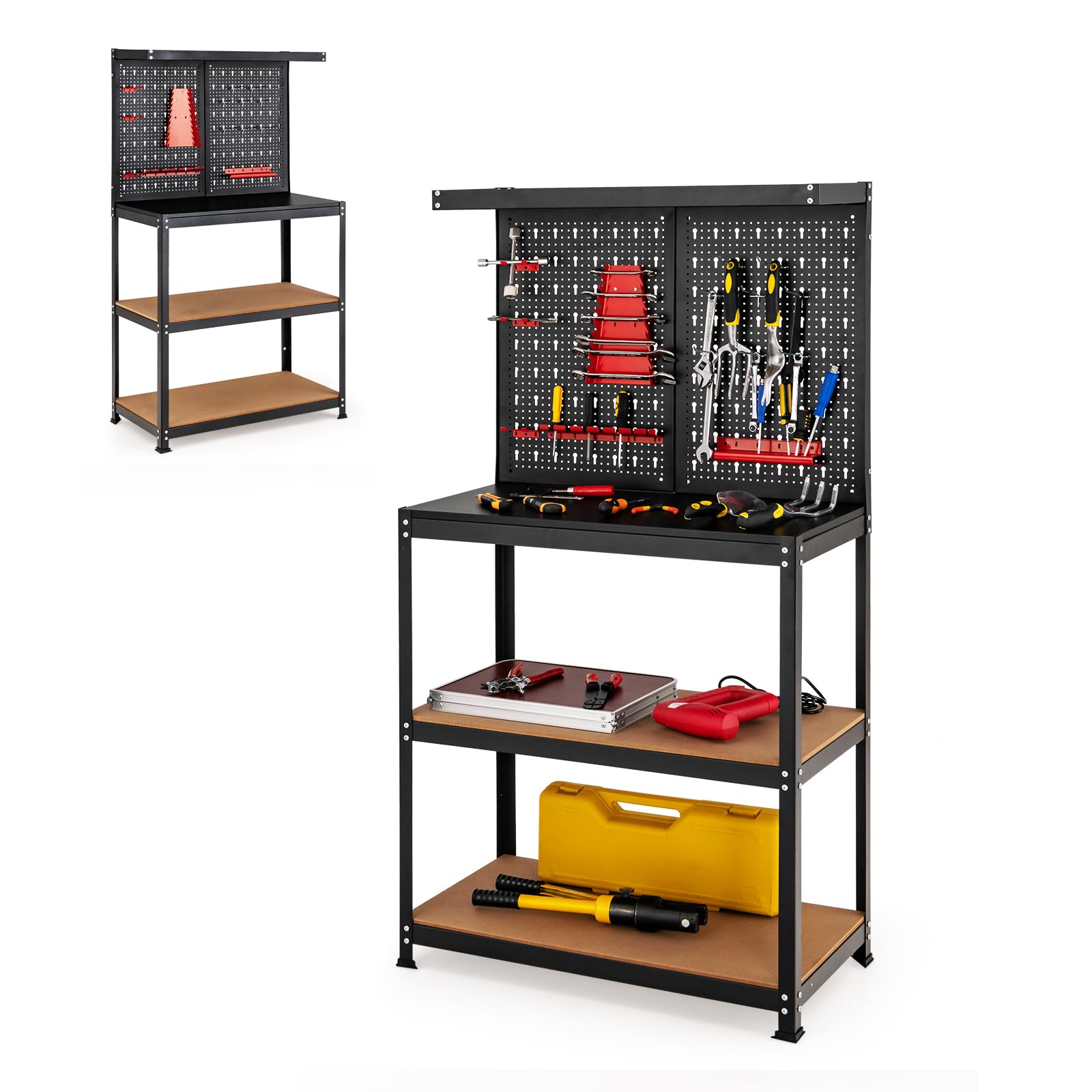SOARS Établi Atelier Garage 81 X 41 X 156 CM, Rangement Outils en Métal en 2 Panneaux Perforé avec Kit de 14 Crochets, 2 Étagères, Charge 100 KG, pour Garage, Atelier (Noir+Rouge, 81 x 41 x 156 cm)