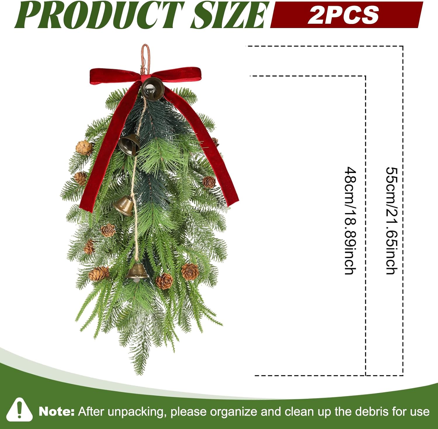 2 Pcs Artificial Christmas Teardrop Swag, 22" Faux Pine Needles Greenery Teardrop Wreath for Xmas Door Table Mantle Fireplace Indoor Outdoor Holiday Decor with Red Velvet Bow