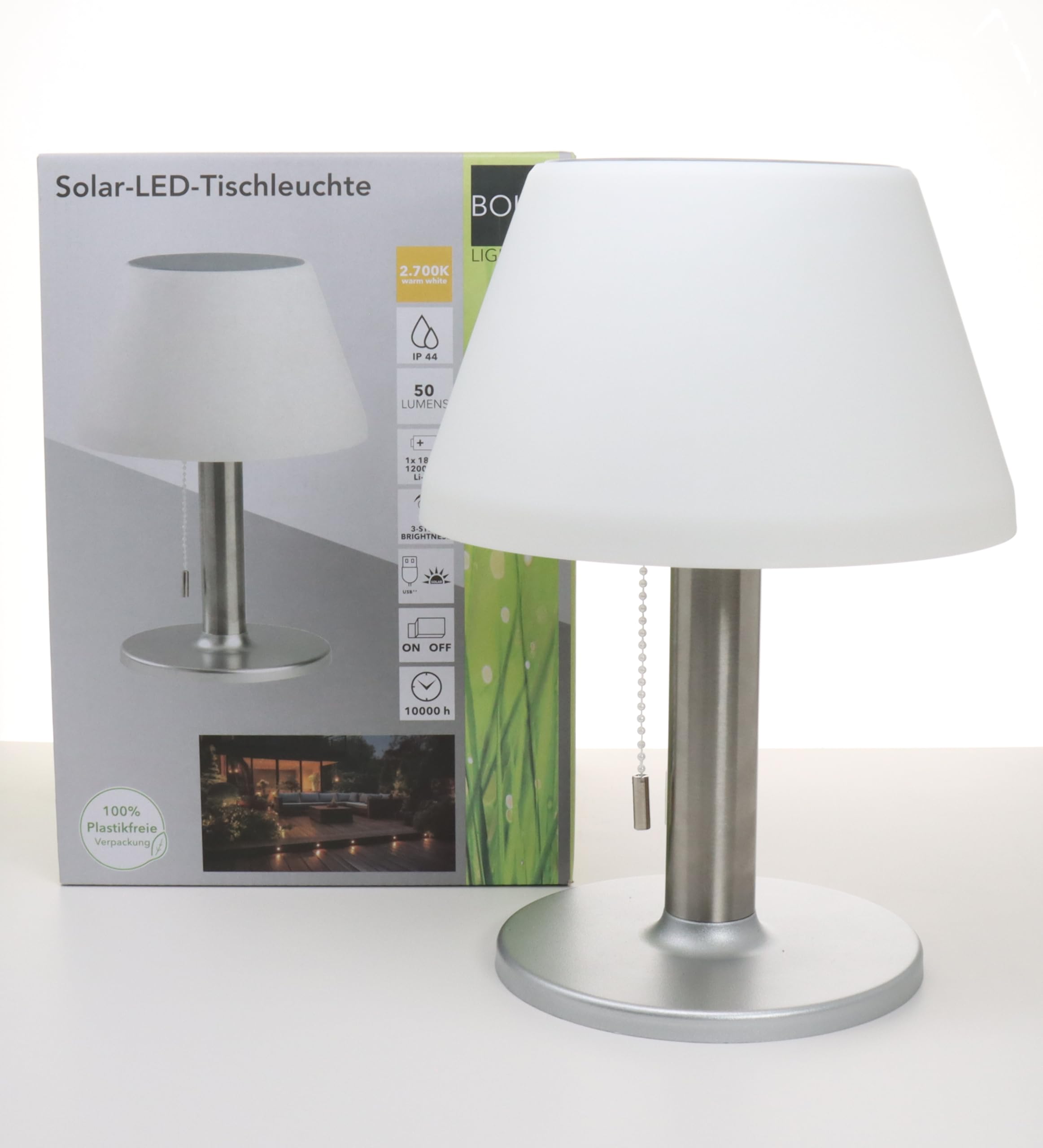 BOLD Lampada da tavolo a LED a batteria da esterno/lampada da tavolo a LED, senza fili, per esterni (connettore USB-C + solare, batteria fino a 6 ore, IP44, dimmerabile a 3 livelli e luce notturna)
