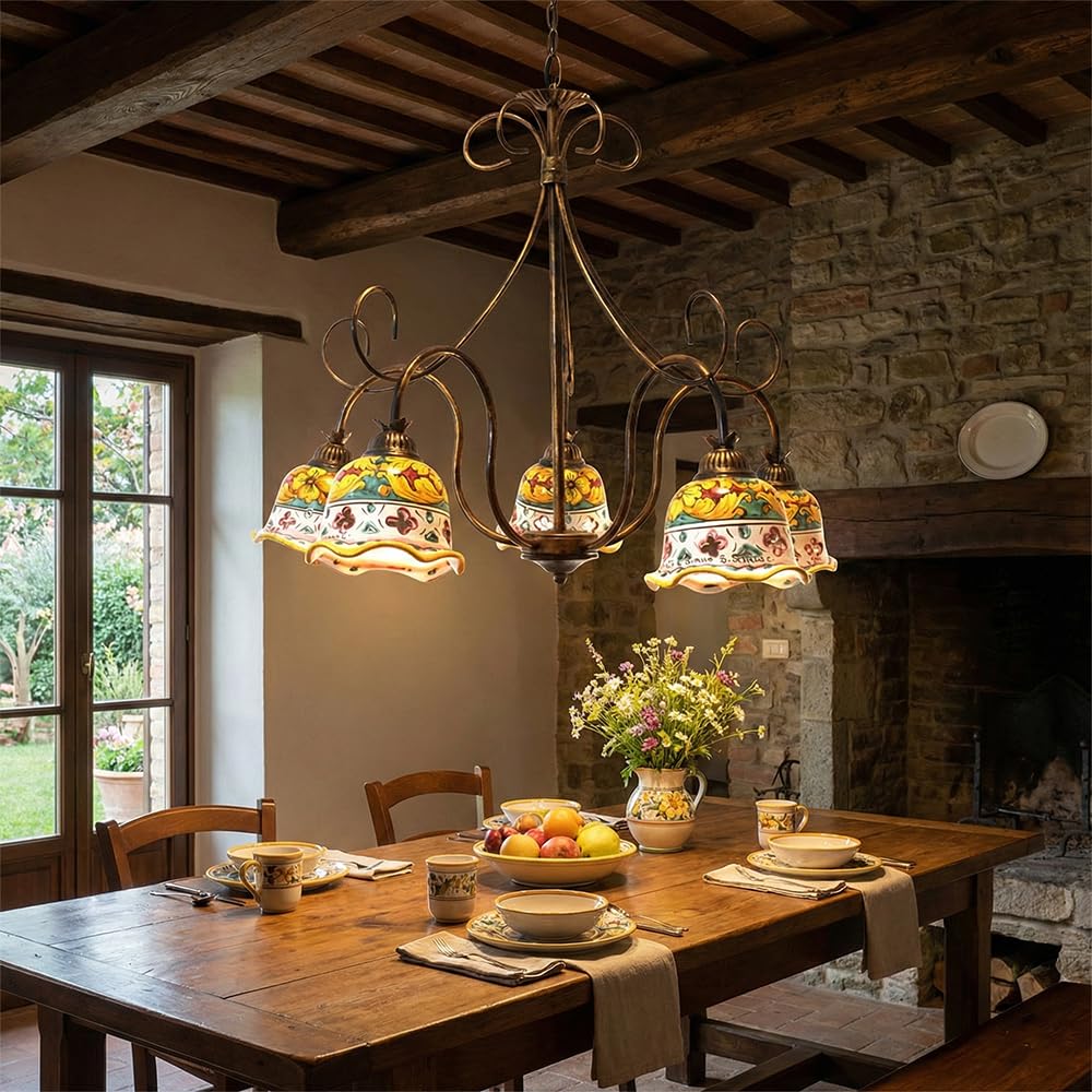 Generico Lampadario in ferro battuto classico rustico con ceramica siciliana camera da letto, salotto Giulia-5L