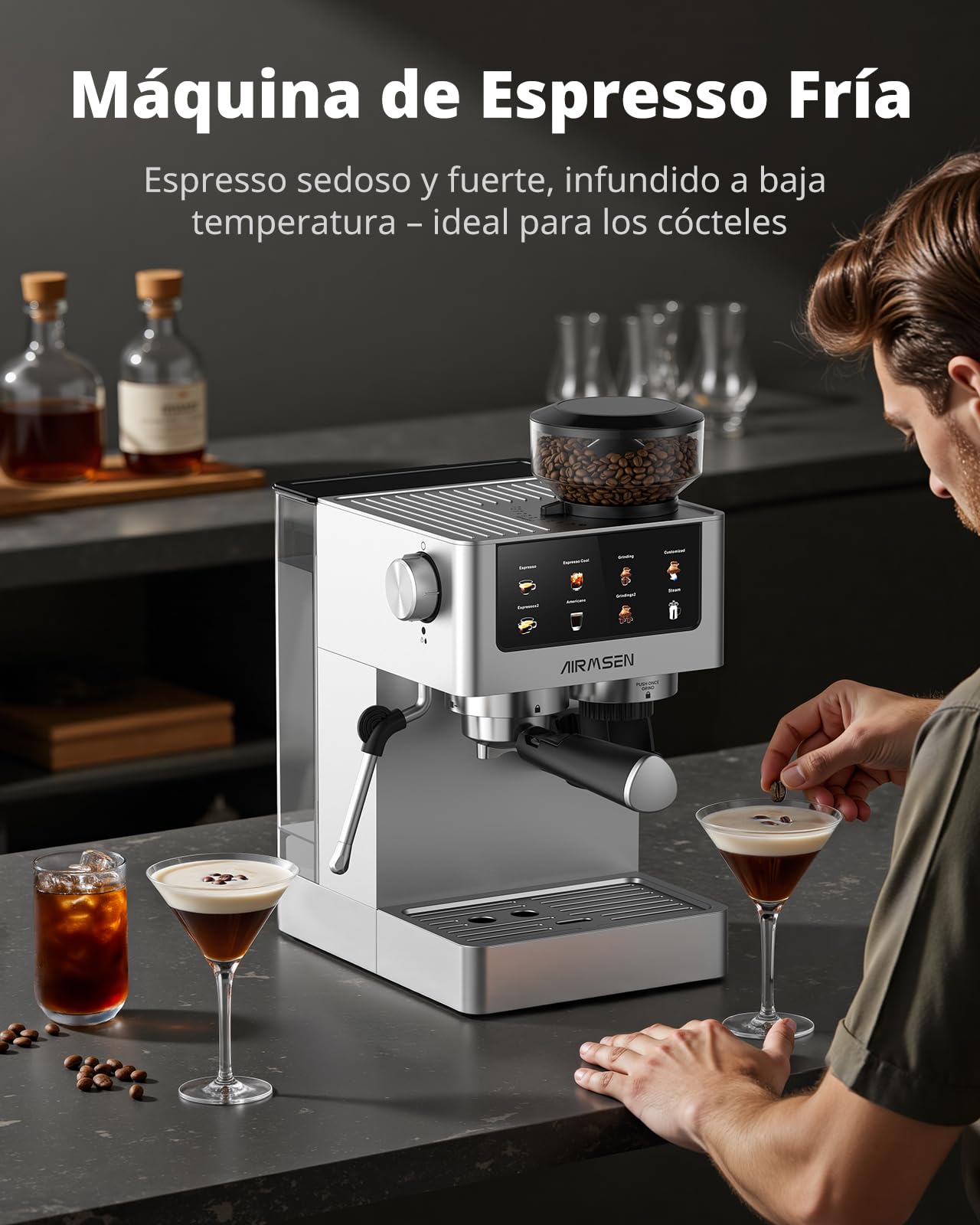 AIRMSEN 20 Bar Siebträgermaschine mit Kegelmahlwerk & Milchschäumer, 1.8L Wassertank, Edelstahl Espressomaschine Kaffeemaschine für Americano, Cappuccino und Latte