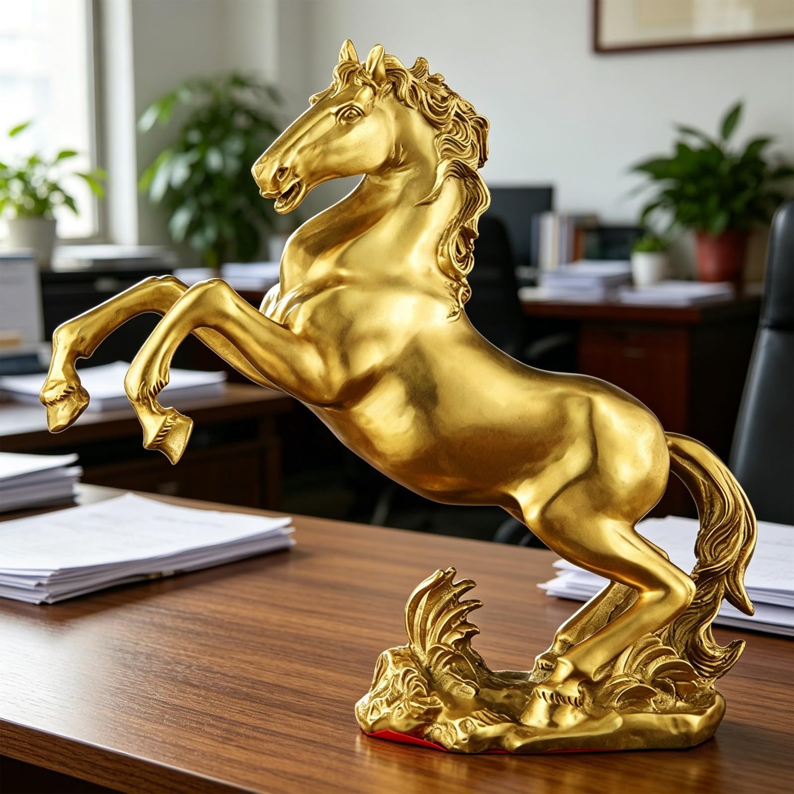Figurka zodiaku Feng Shui Gold, Konia Maskotka Roku, figurka konia na biurko, idealna do wystroju domu i biura (22 x 8 x 20 cm/8,7 x 3,1 x 7,9 cala)