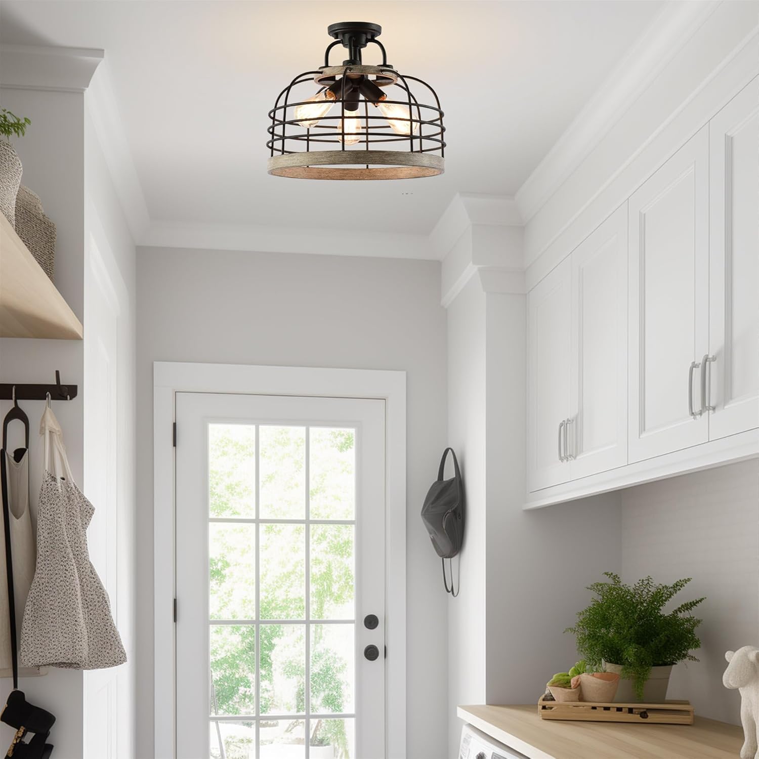 Kira Home Sawyer 17" 3-Light Industrial Farmhouse Semi Flush Convertible Pendant Chandelier Light with Cage Shade, Rustic Light Cedar Wood Finish + Coarse Black Finish
