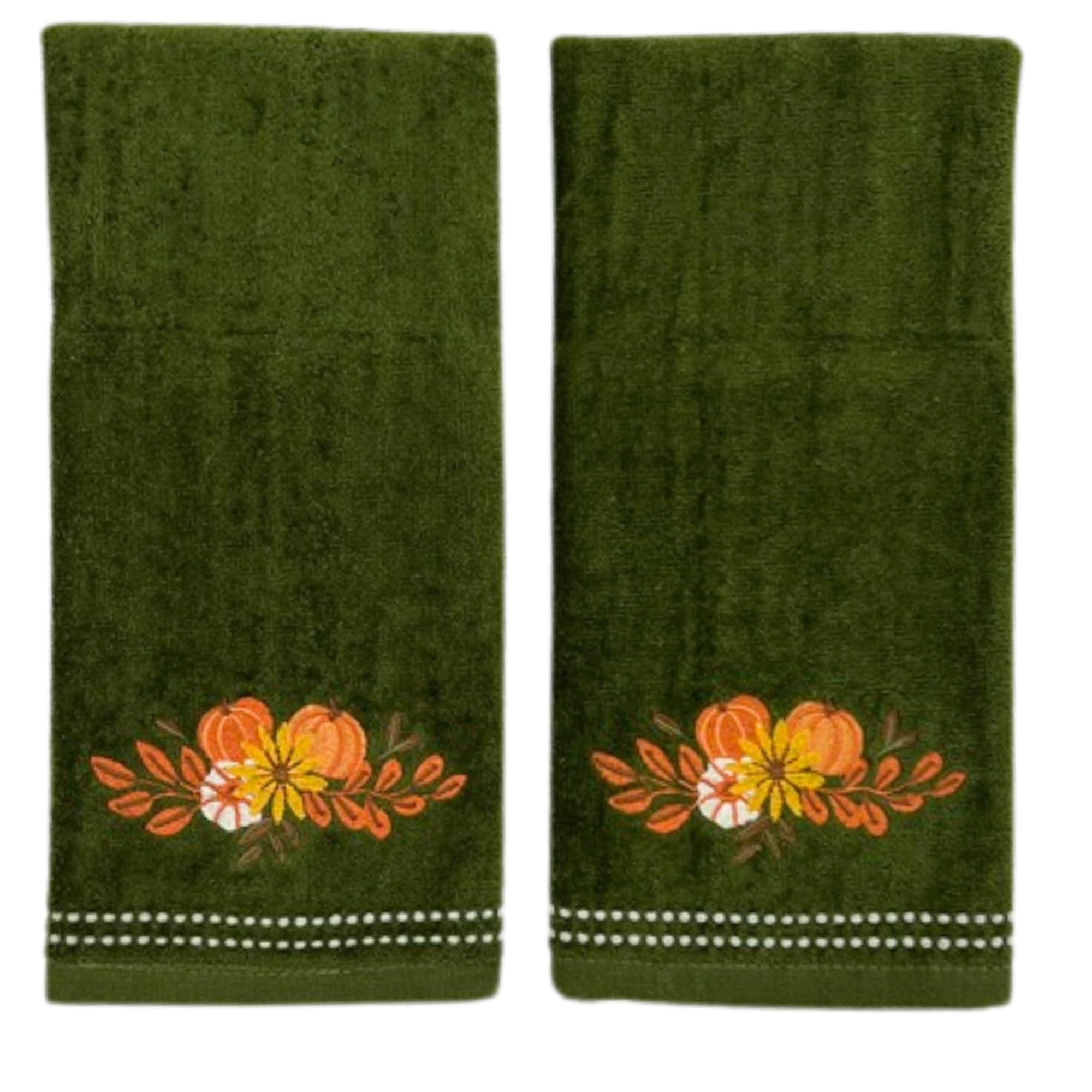 Serafina Home Autumn Fall Bath Hand Towels Bathroom Decor Farmhouse Harvest: Forest Dark Green 100% Cotton Towels with Embroidered Flowers Floral
