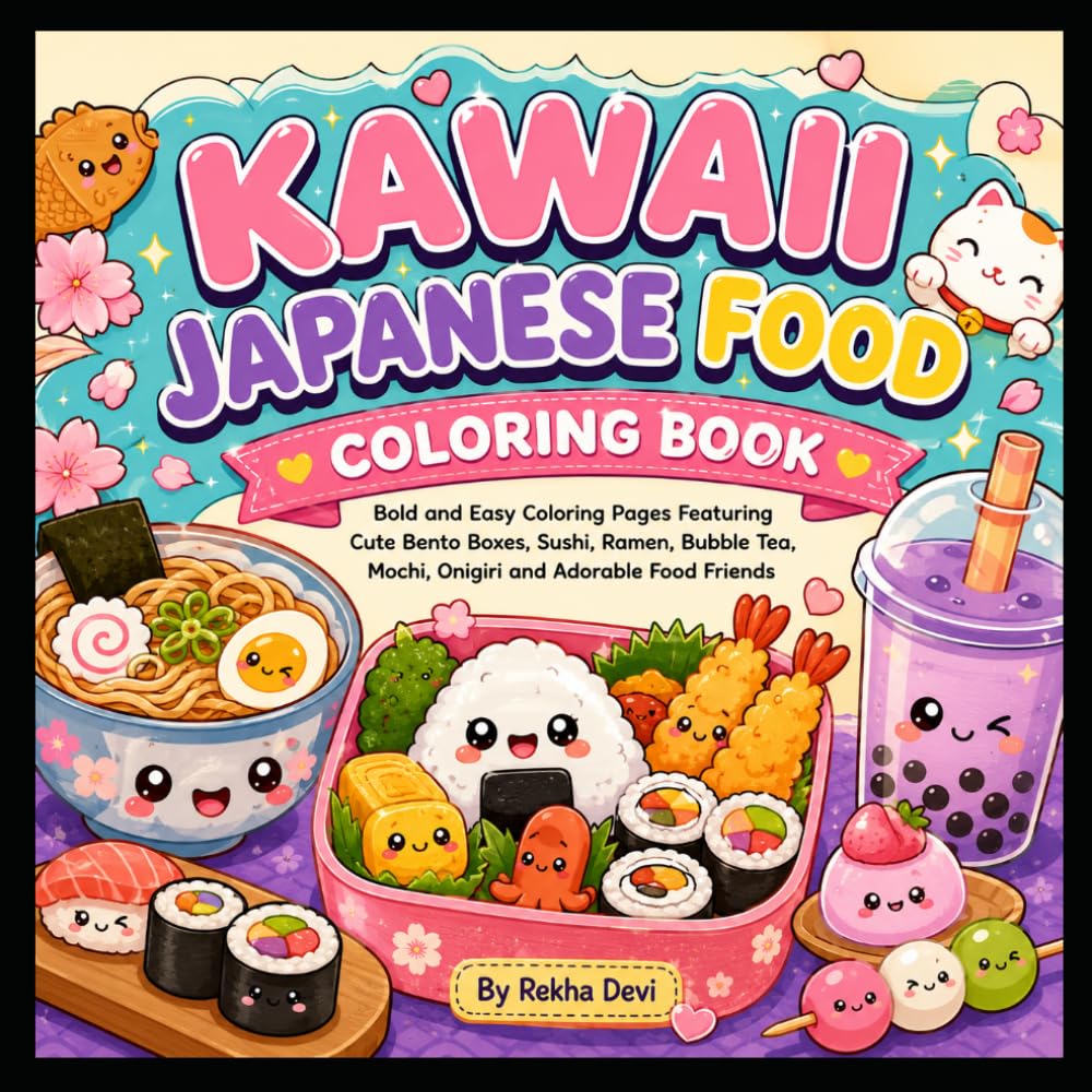 KAWAII JAPANESE FOOD: Bold and Easy Coloring Pages Featuring Cute Bento Boxes, Sushi, Ramen, Bubble Tea, Mochi, Onigiri and Adorable Food Friends (Creative Adventures for Kids)