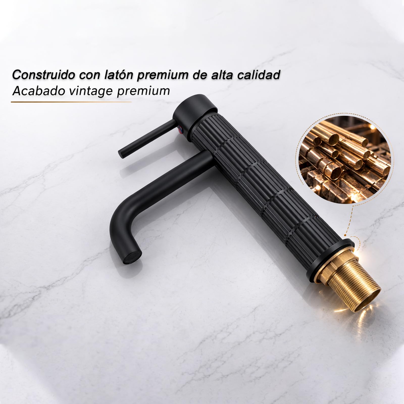 Grifo de lavabo alto monomando con cuerpo de latón, mezclador para lavabo sobre encimera, acabado negro mate, cartucho cerámico duradero (Negro mate, Alto) - 4