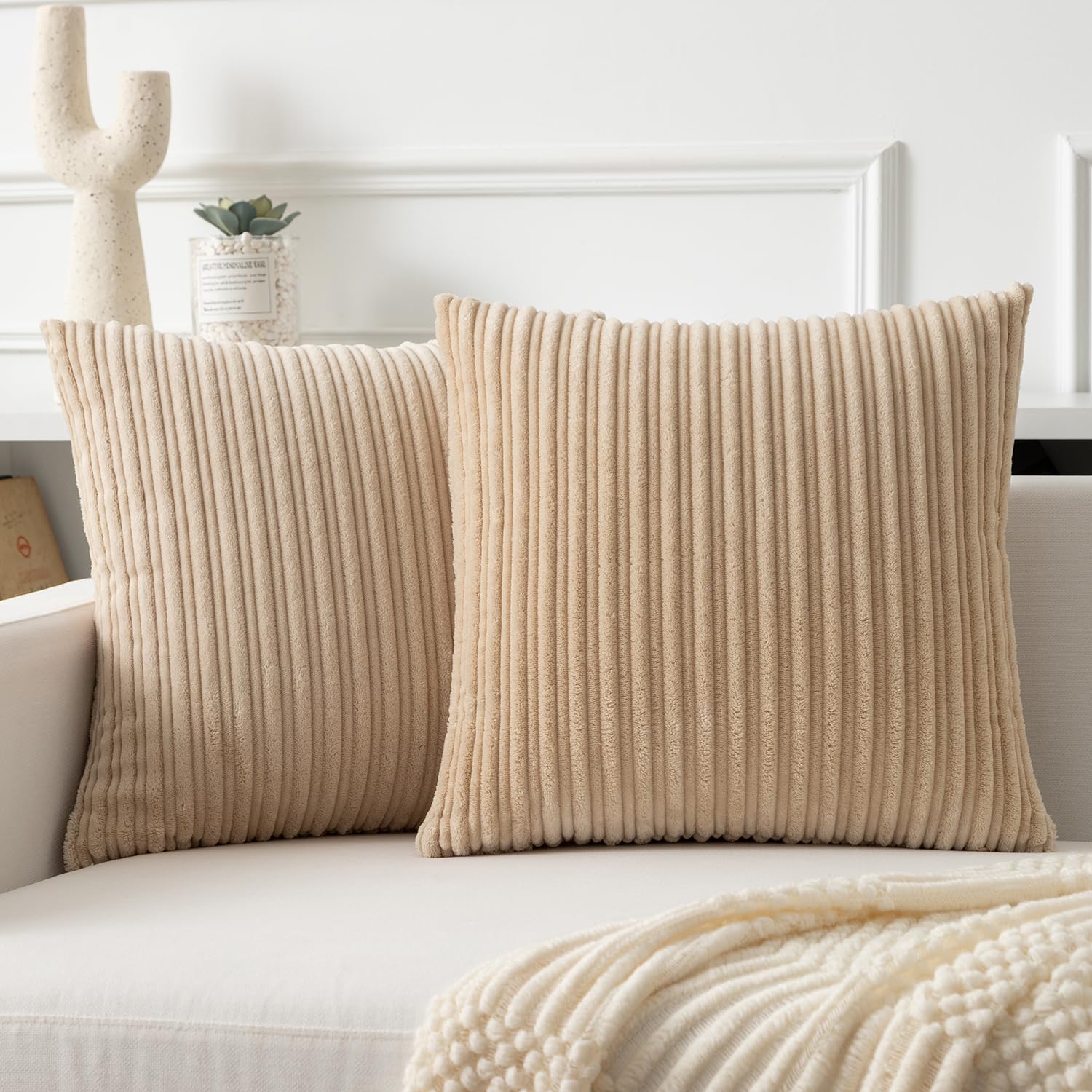 Kevin Textile Corduroy Cushion Covers 45 x 45 cm Set of 2, Soft Stripe Decorative Cushions Covers 18x18 Inch with Invisible Zipper for Chair Couch Sofa Bedroom, Beige — image 1