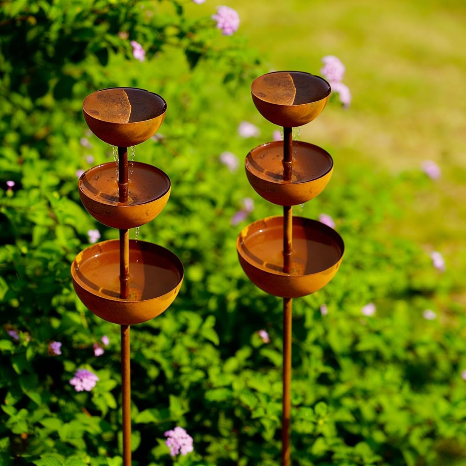 Rain Catchers For Garden | 3-tiered Vintage Rust Patina Rain Catcher Garden Ornament | Metal Flower Gardening Stakes Bird Bath | Water Fountain Bowls For Hummingbird | Bird Bee Watering Station Cup