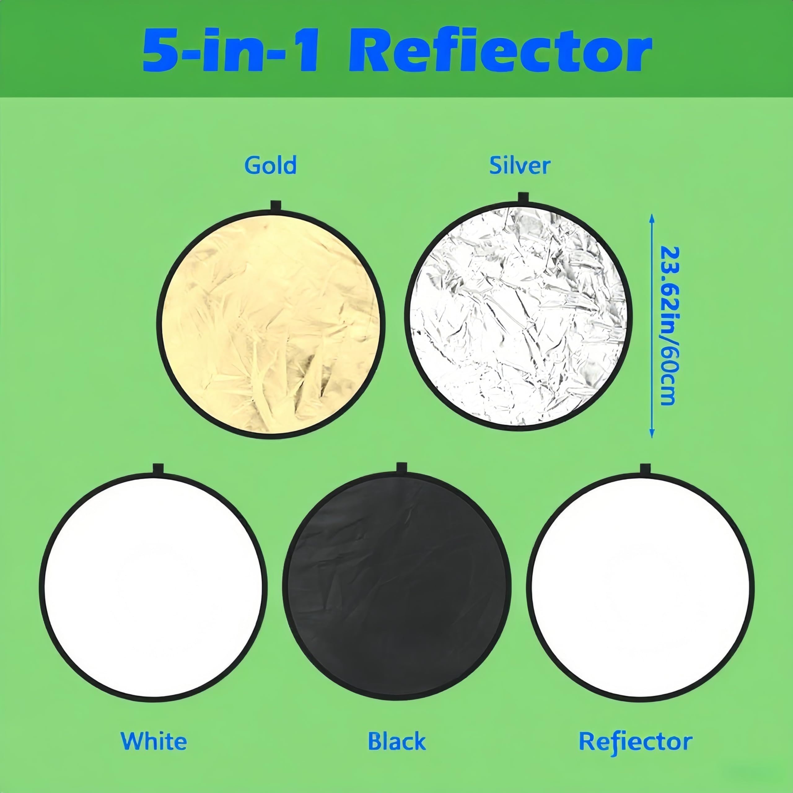 5-in-1 Photography Reflector 24"(60cm), Multi-Disc Collapsible Light Reflector with Bag - Super Portable for Studio/Macro Photography - Translucent, Silver, Gold, White and Black