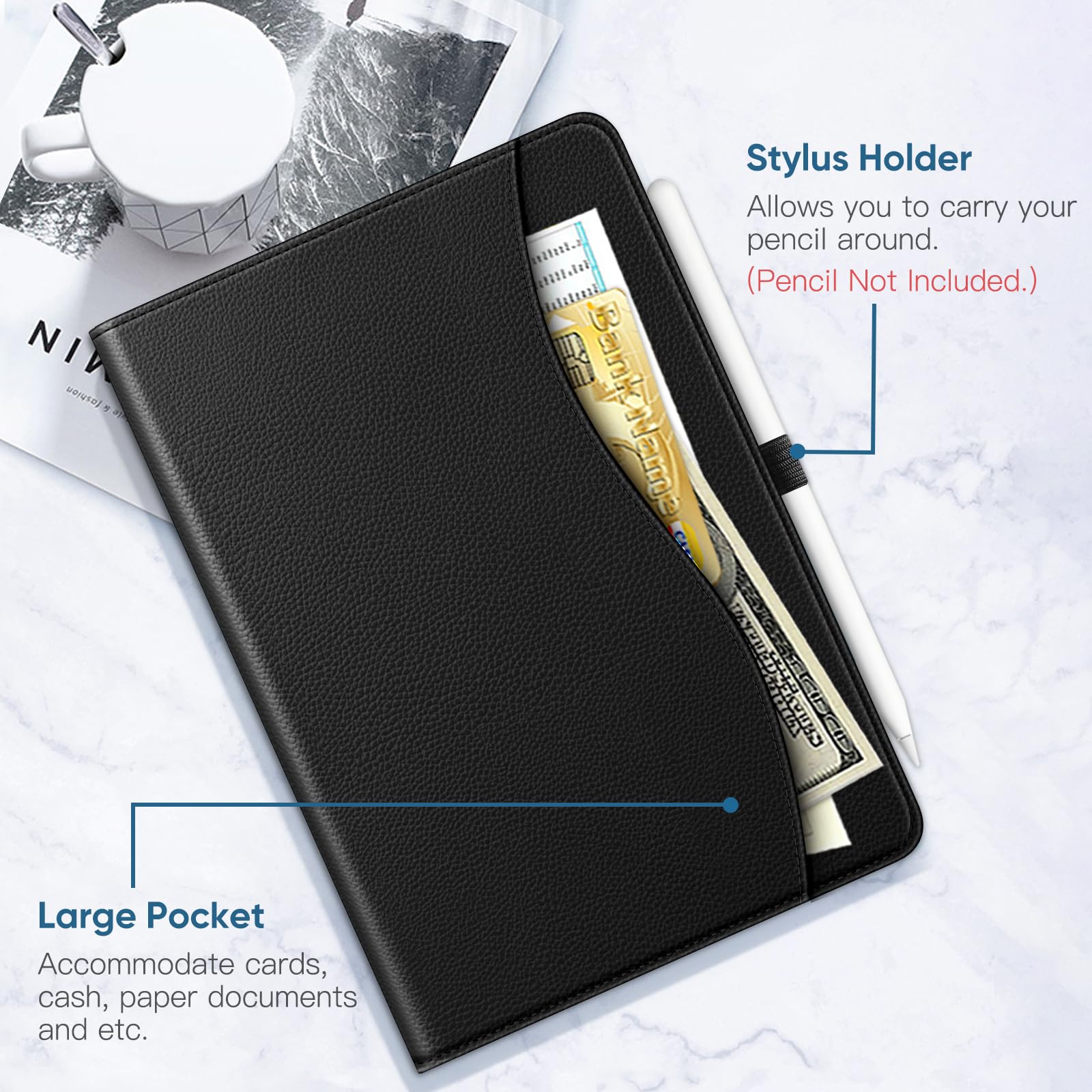 Funda giratoria universal para tableta de 9 a 11 pulgadas, rotación de 360 grados, funda protectora inteligente con bolsillo compatible con tableta de pantalla táctil de 9, 9.7, 10, 10, 10.1 y 5