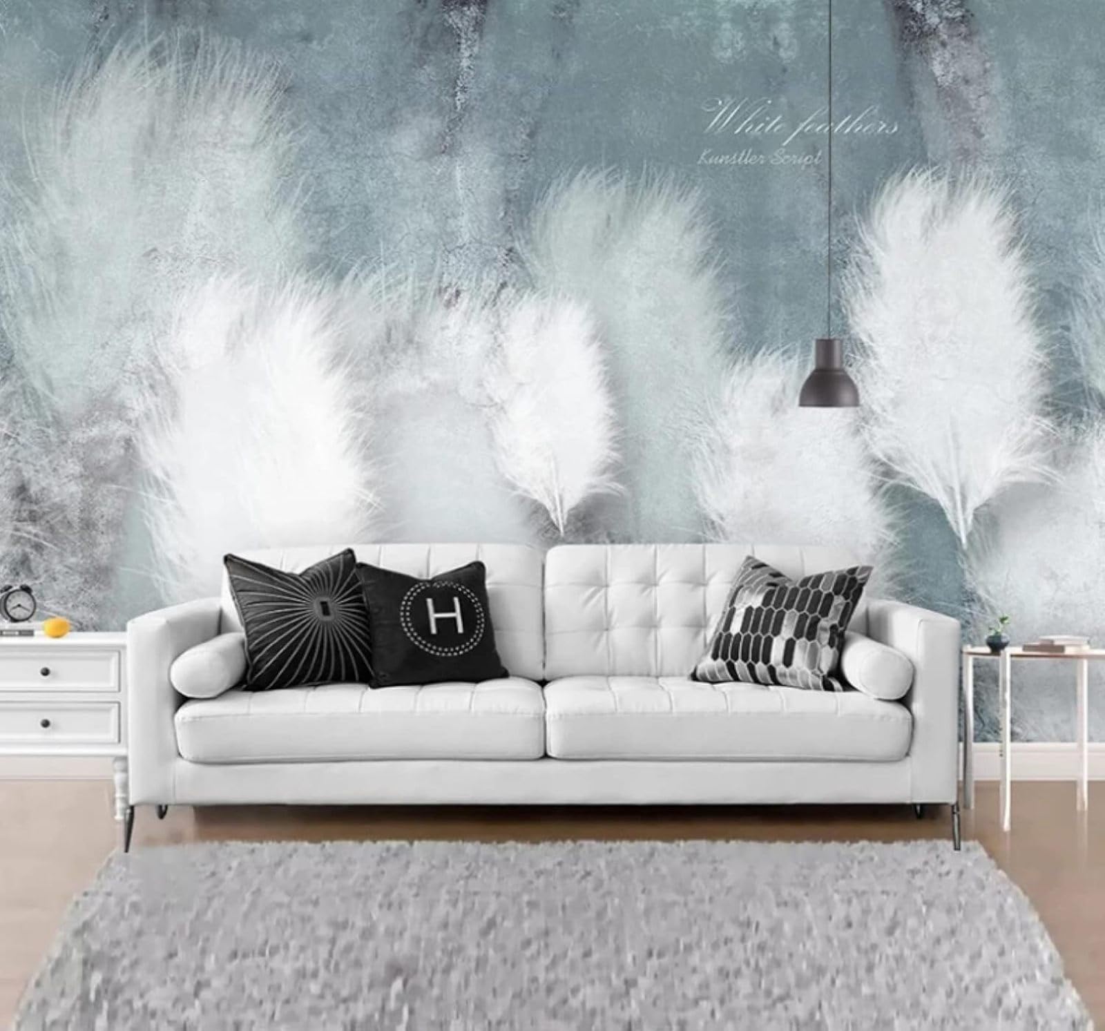 Abstract Blue Three Dimensional White Feathers 3D Wallpaper Easy Install Feature Office Living Room Sofa Bedroom TV Background Wall Decoration-350cm×256cm