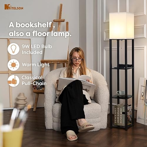 Miniatura 3 de Lámpara de pie con estantes y USB, USB-C y tomas de corriente, lámpara de estante con estación de carga, lámparas cuadradas modernas para sala de