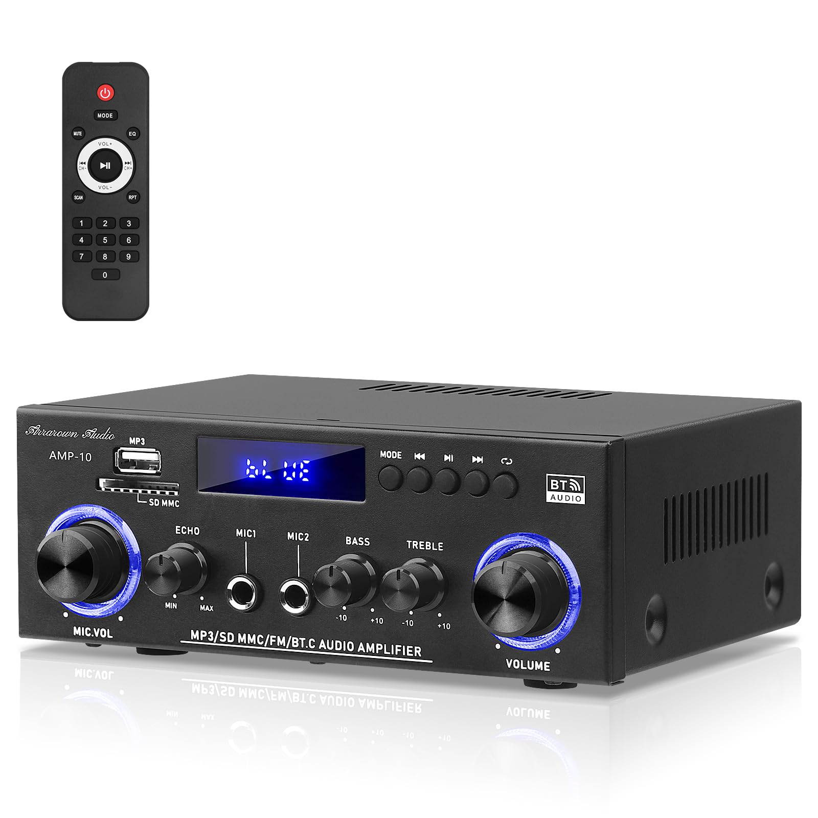 AMP-10 Bluetooth Amplifier RMS 50WX2 Home Stereo Audio Amplifier 2.0K Max 600W Output Mini Power Amplifier with FM Radio Echo Microphone USB SD Input for Home