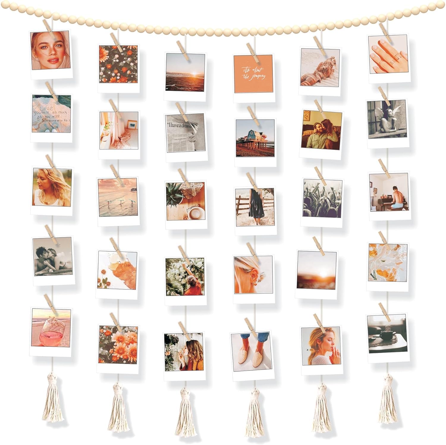 Hanging Photo Display with Clips and Lights - Wall Boho Decor Beads Garland - Suitable for Bedroom, Living Room, Office, Dorm Decor