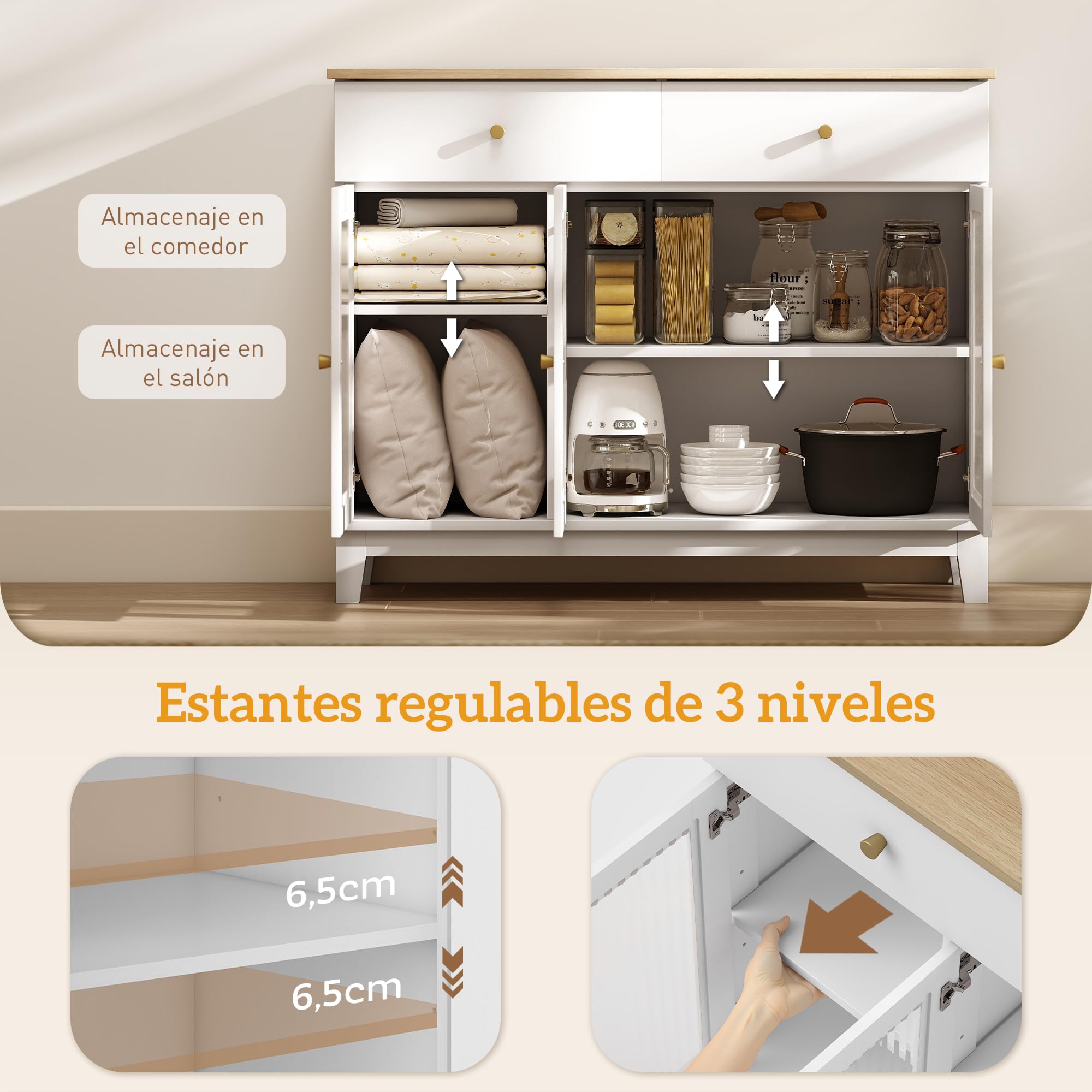 HOMCOM Aparador 3 Puertas Vidrio Estriado 2 Cajones 100x35x80,3 cm Blanco | Aparador para Salón Moderno, Estantes Ajustables, Comedor, Entrada