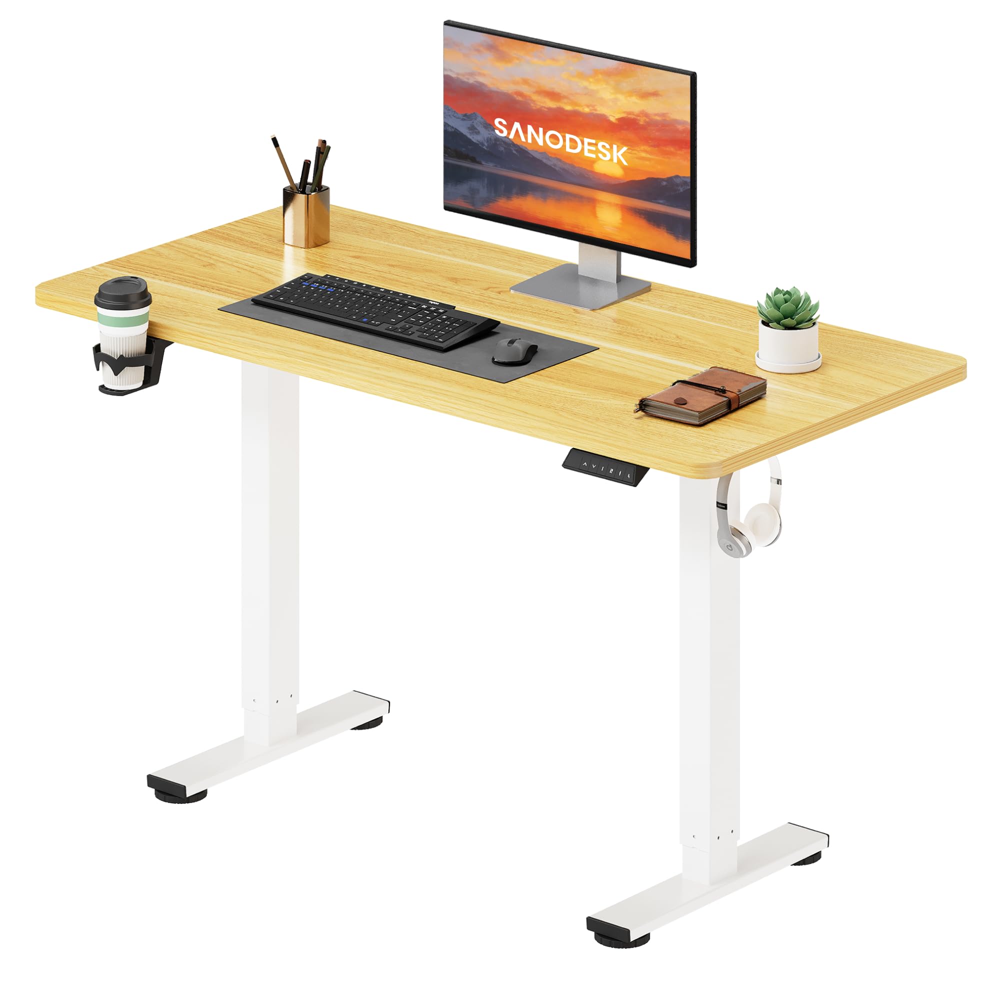 SANODESK Electric Standing Desk ONE PIECE 120 * 60 Height Adjustable Desk With Memory Smart Panel Sit Stand Table With for Home Office (White Frame+Maple Desktop)