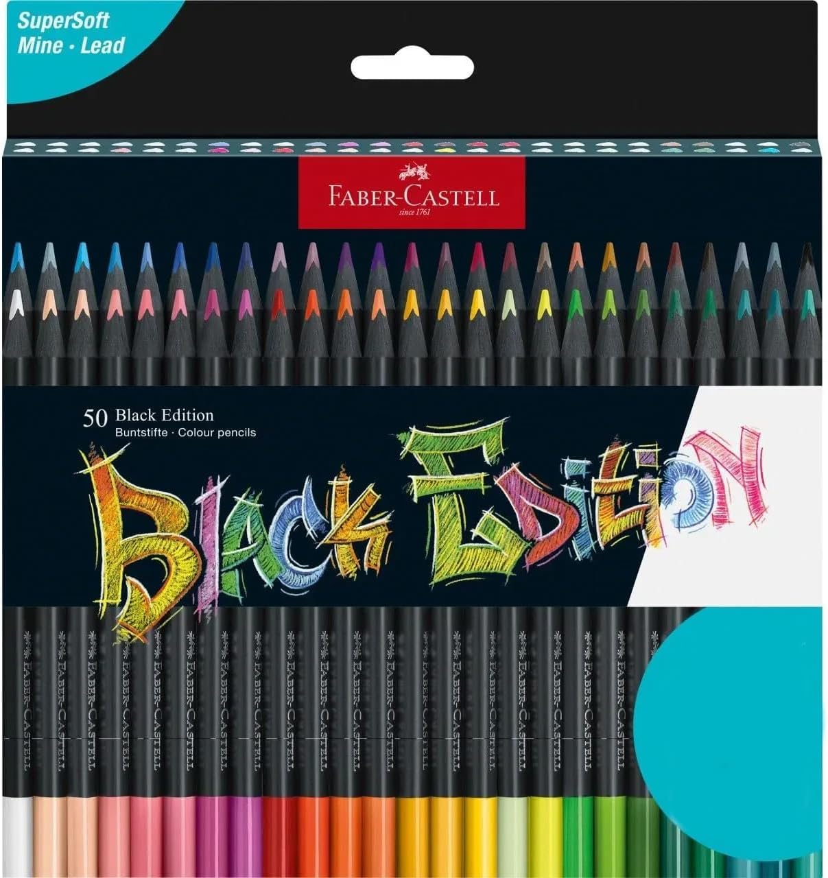 Faber-Castell 116450 Black Edition Boîte de 50 Crayons de Couleur Vibrants, Résistants à la Rupture et Prise en Main Ergonomique, Crayon de Couleurs Colorier sur Papier Clair et Foncé