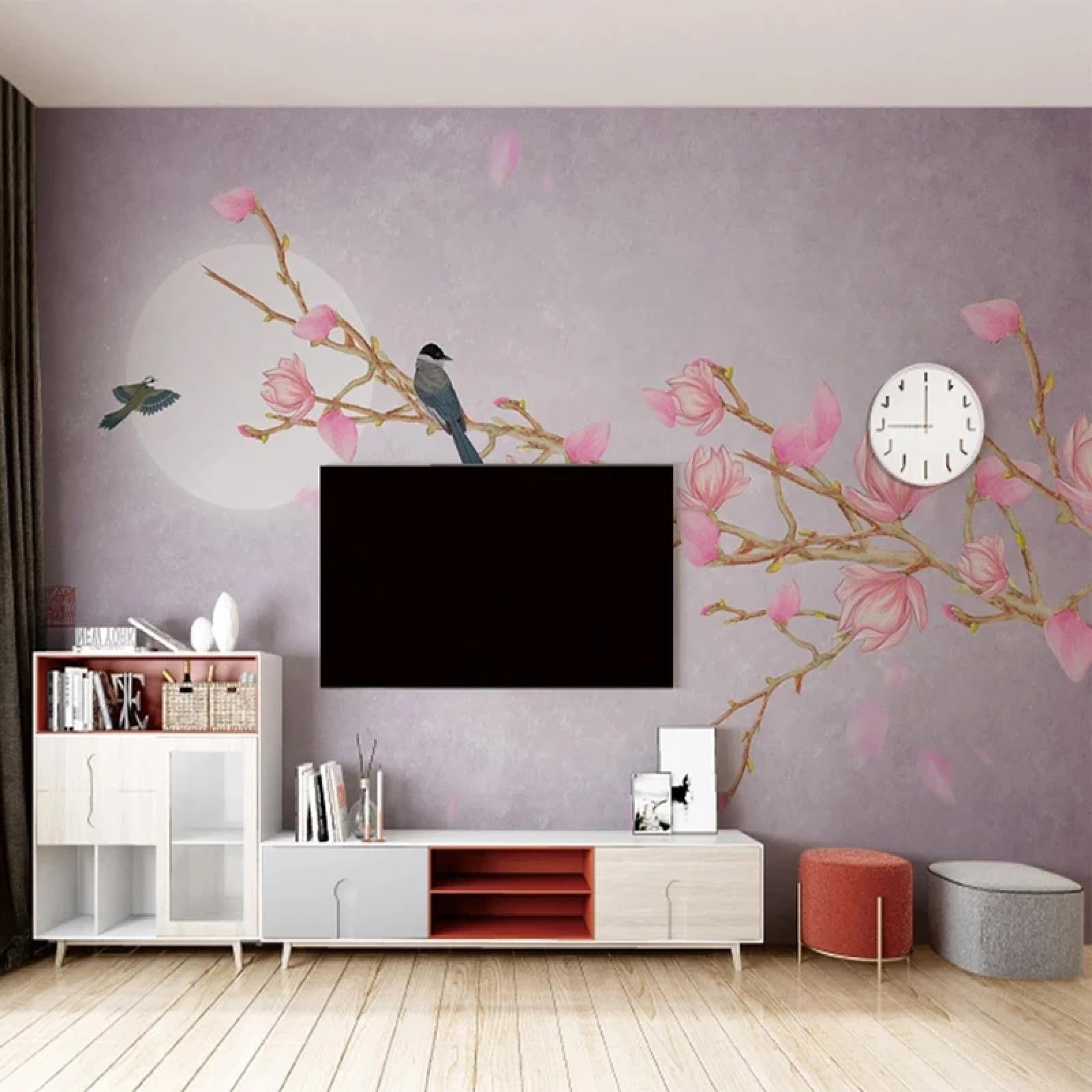 Papier peint magnolia rose oiseau pour habiller un mur TV ou de salon