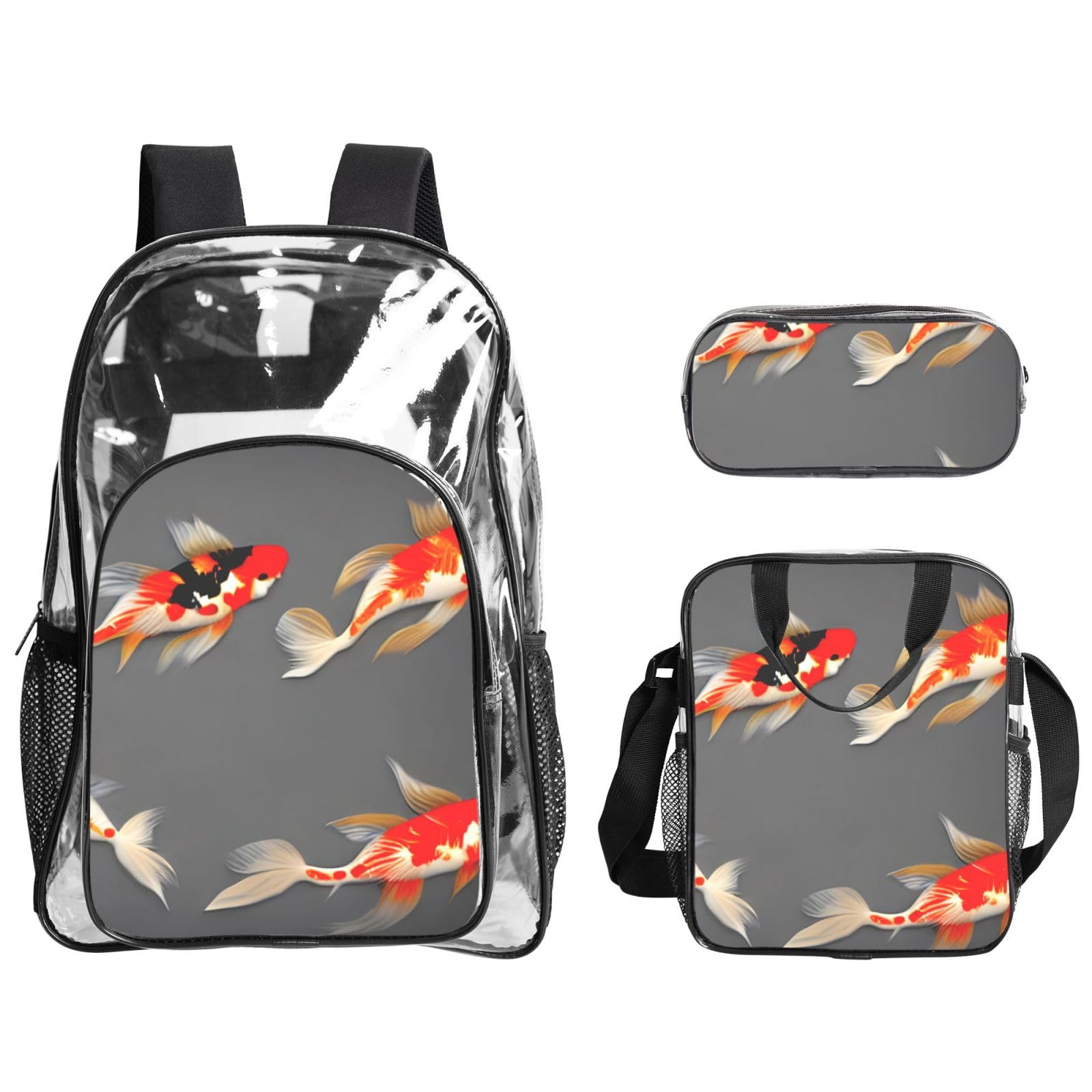 Carpes koï traditionnelles avec imprimé pois Unisexe Sac à dos transparent pour l'école, les voyages, l'extérieur, sac à déjeuner transparent 3 pièces