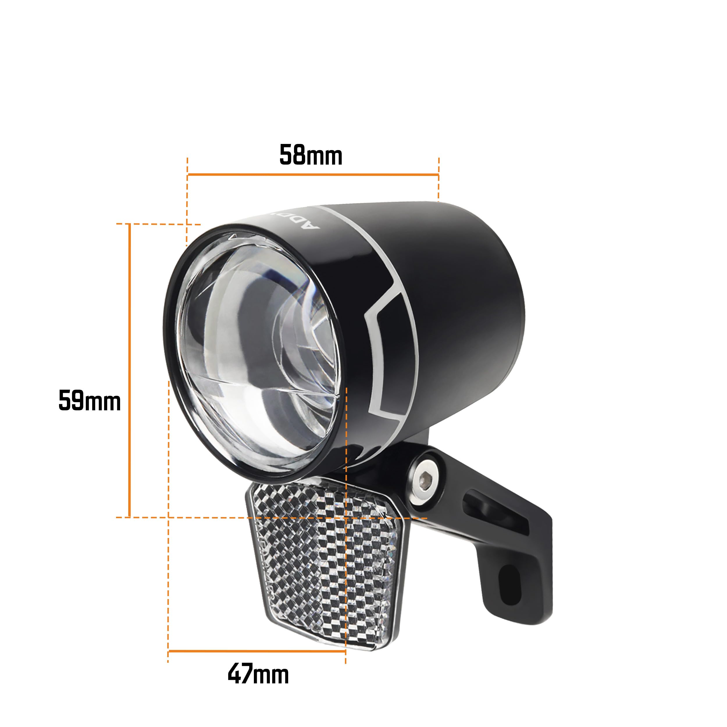 ADDVIEW Luce anteriore per bicicletta elettrica 100 Lux Nova E100 – Omologato StVZO, IP65 impermeabile, LED con tecnologia a doppia lente, per 6 V – 48 V DC, alloggiamento in alluminio, cono di luce