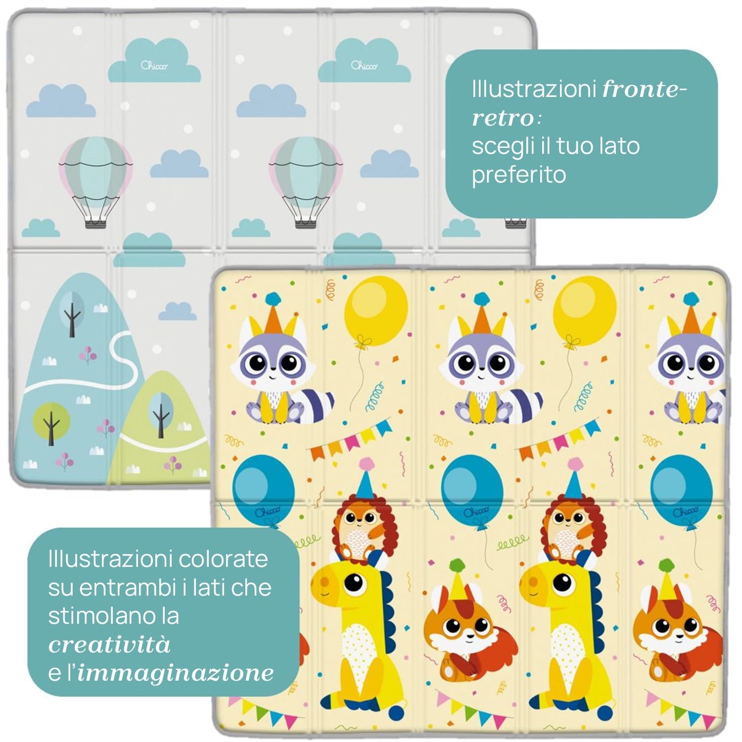Chicco Tappeto Gioco Bambini 2in1, Extra Large 200x180 cm, Spessore 1.3 cm, Extra Soffice, Double Face, con Animali e Paesaggio, Tappeto Gioco Neonato, Giochi Neonato, Morbido e Pieghevole, 0+ Mesi