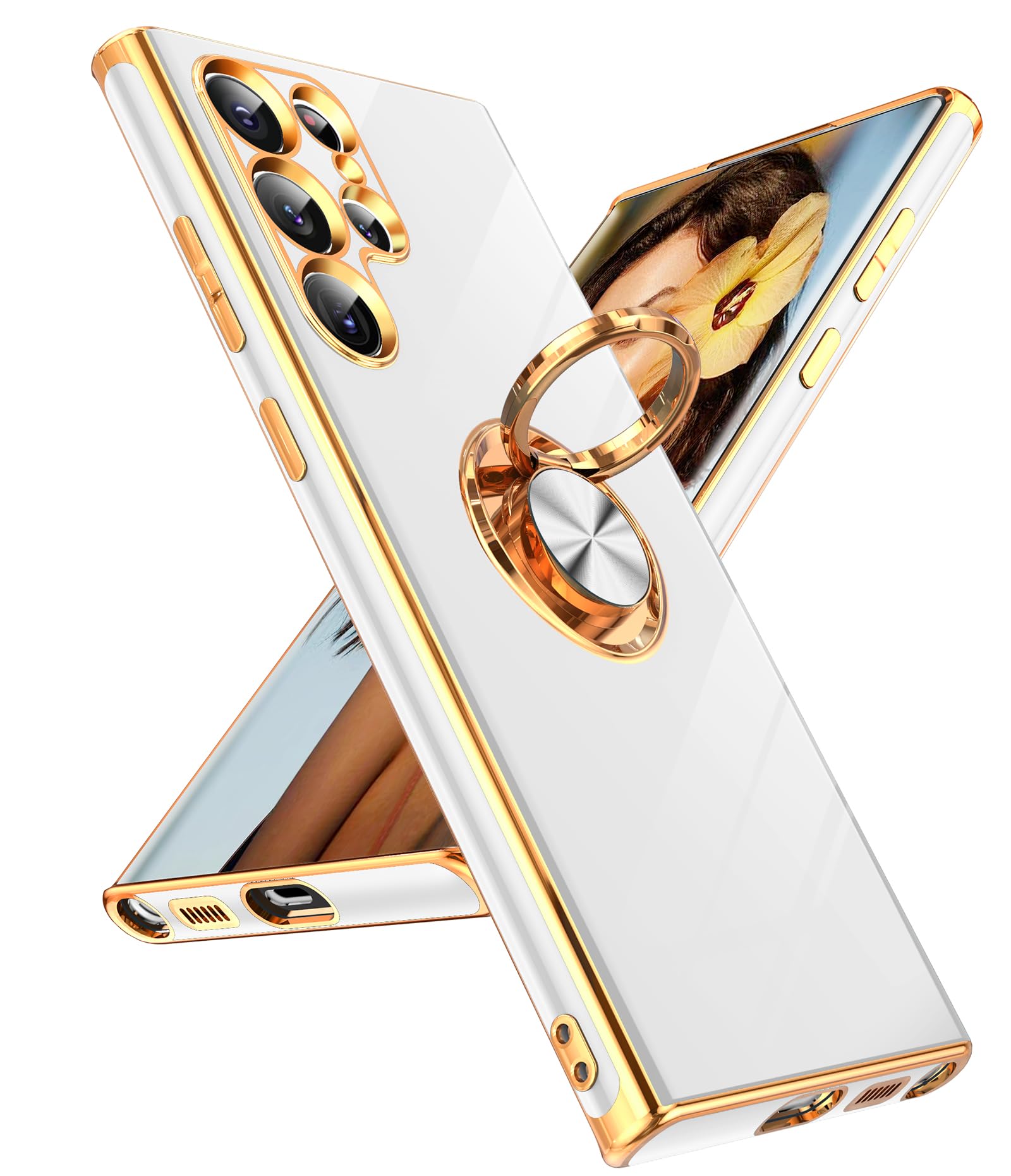 LeYi for Samsung Galaxy S22 Ultra Case 360° Rotatable Ring Holder Magnetic Kickstand, Plating Rose Gold Edge Protective Galaxy S22 Ultra Case, White