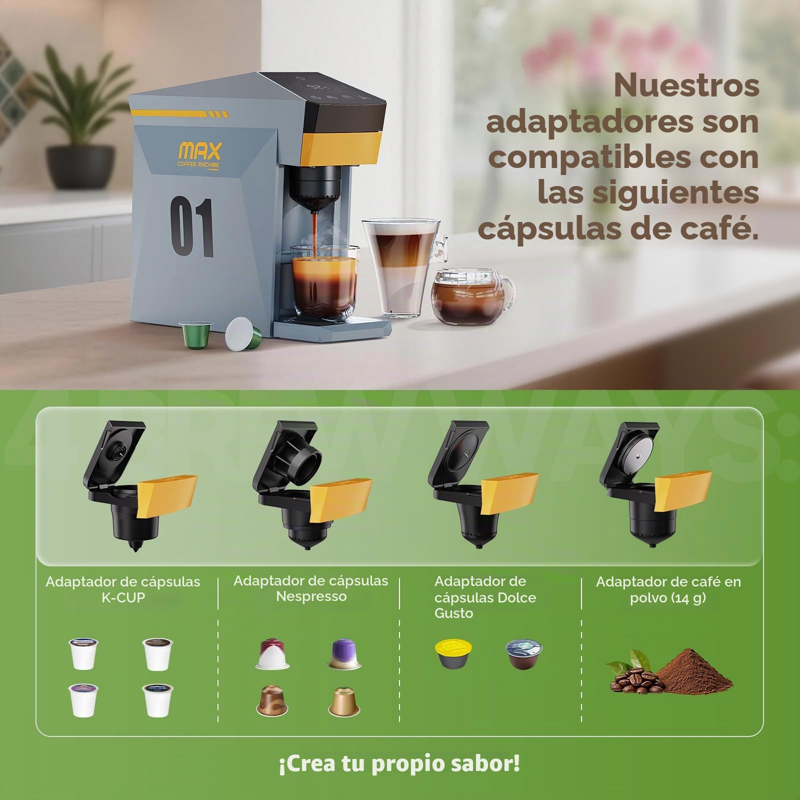 Cafetera 4 en 1, cafetera espresso 19 bares para cápsulas KCup/Nes presso OriginalLine/Dolce Gusto/Café molido, gris nublado