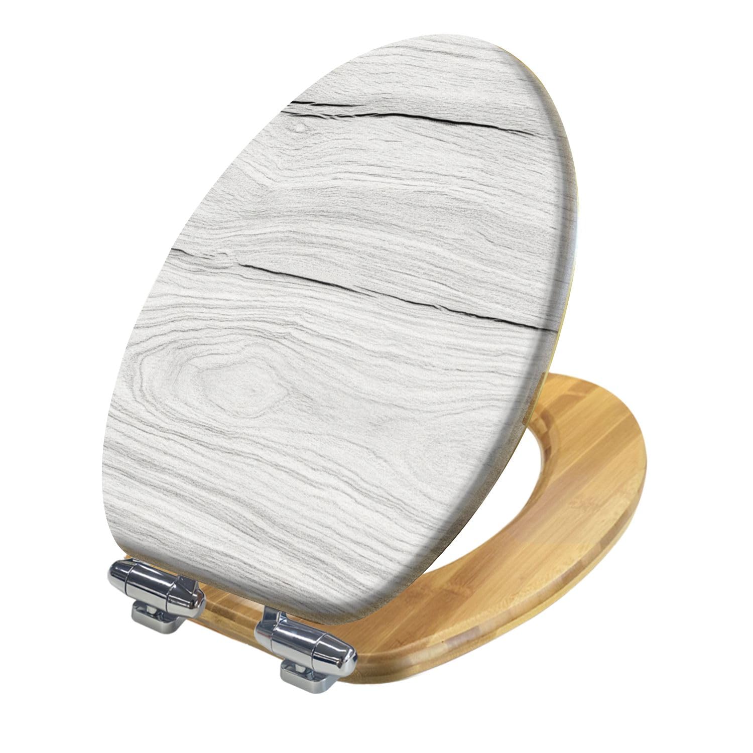 Asiento De Inodoro Alargado De Madera para Baño, Superficie De Madera Blanda con Acabado Blanqueado, Tapa De Cierre Suave Y Silencioso, Bisagras De Liberación Rápida, con Topes, Fácil De Lim