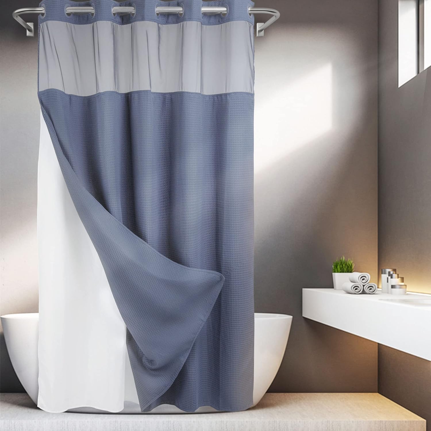 No Hooks Required Waffle Weave Shower Curtain with Snap in Liner - 71W x 74H,Hotel Grade,Spa Like Bath Curtain,Black : Home & Kitchen