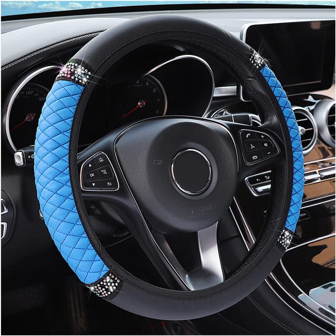 Bling Soft Leather Steering Wheel Cover, 15 Inch Colorful Rhinestones Auto Elastic